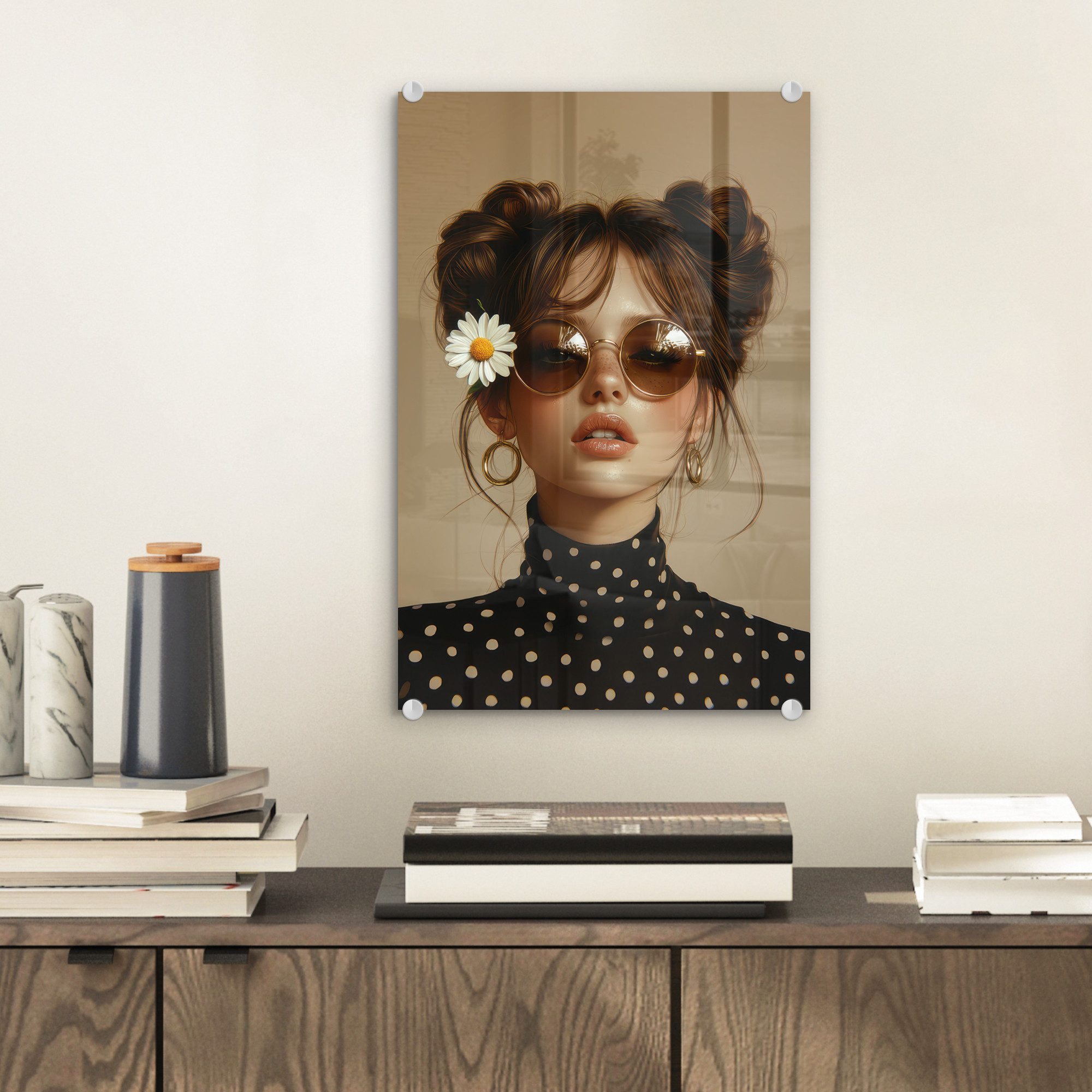 MuchoWow Acrylglasbild Frau - Beige - Blume - Modern - Porträt, Inkl. Aufhängung, Dekorative Bild für Küche & Wohnzimmer auf Glas, 20x30 cm