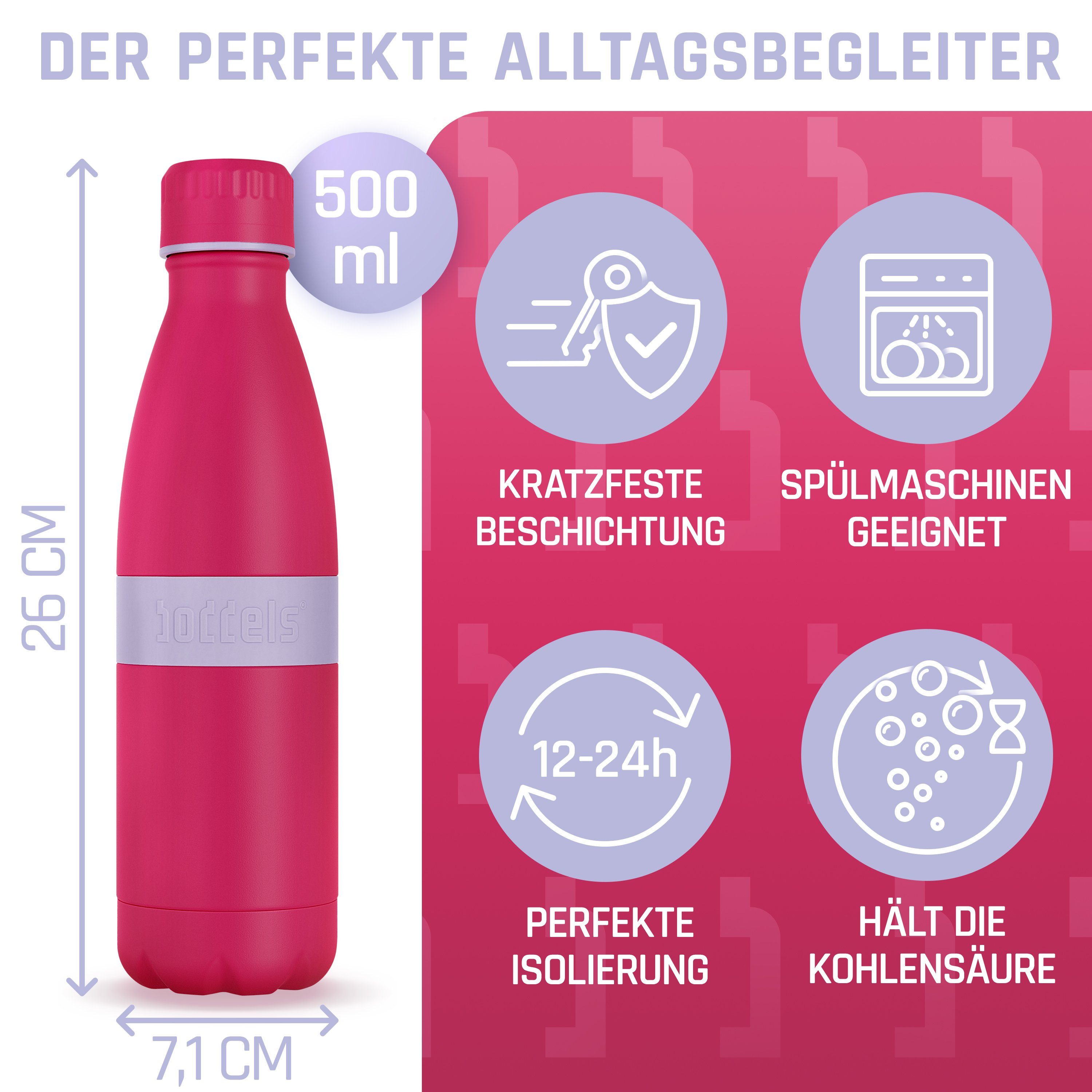 TWEE+ Isolierflasche Edelstahl, bruchfest - aus Trinkflasche / Pink Lavendelblau 500ml doppelwandig, boddels auslaufsicher,