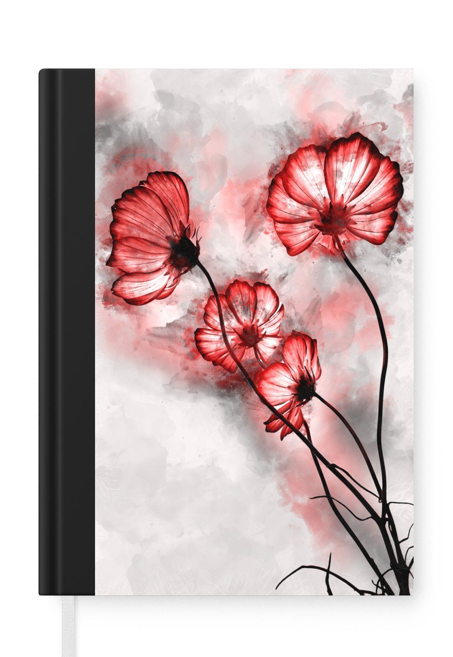 MuchoWow Notizbuch Blumen - Aquarell - Rot, Journal, Merkzettel, Tagebuch, Notizheft, A5, 98 Seiten, Haushaltsbuch