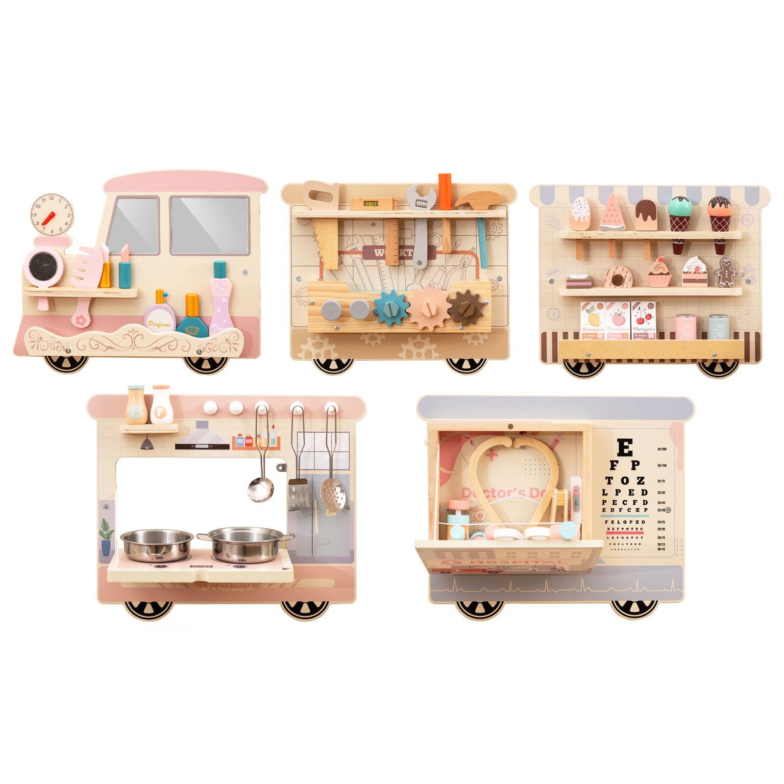 COSTWAY Motorikbrett, Wandmontiertes Activity Board mit Spielküche & Snackbar