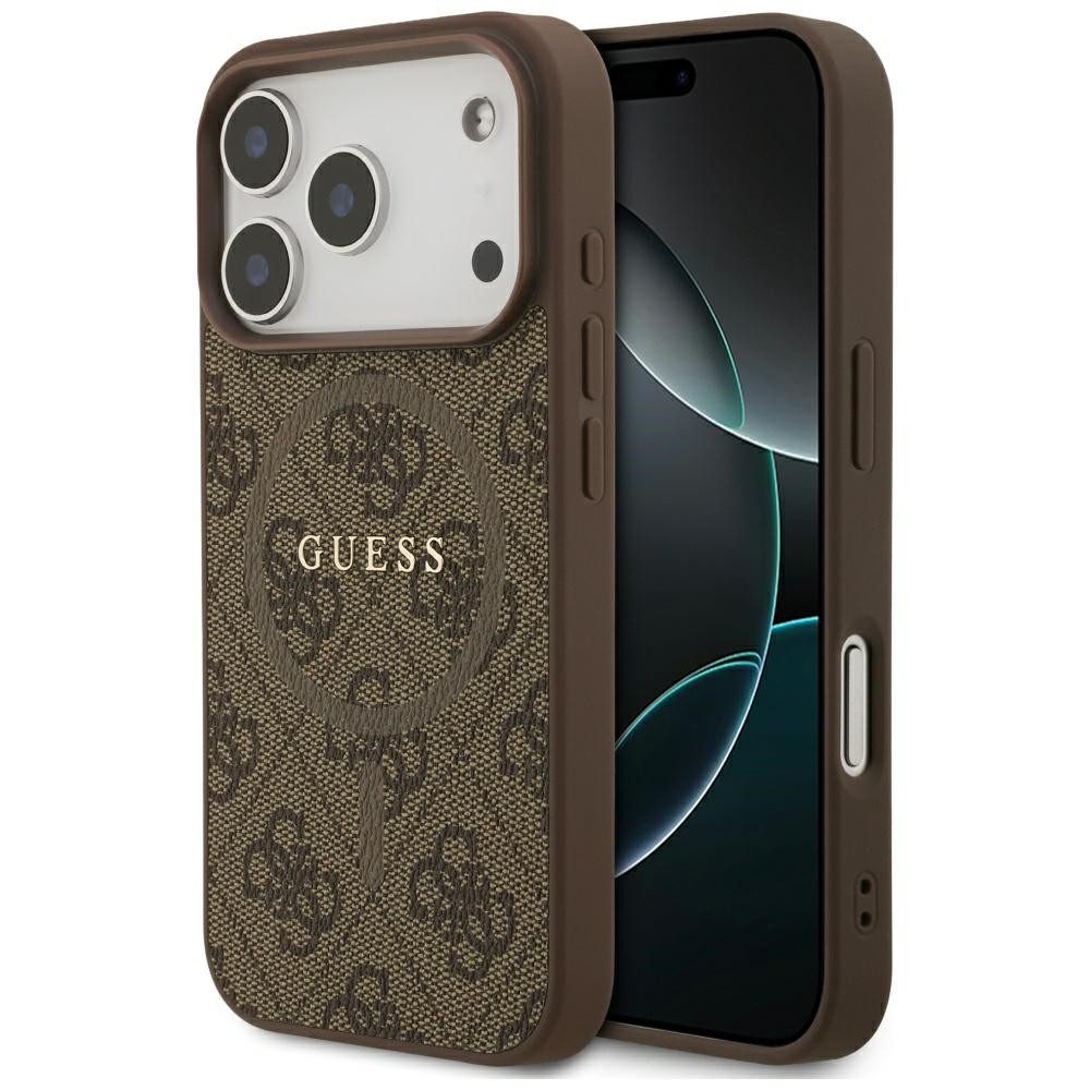 Guess Handyhülle MagSafe iPhone 17 Pro Kunstleder braun Logo Metall goldfarben 6,3 Zoll, Kantenschutz