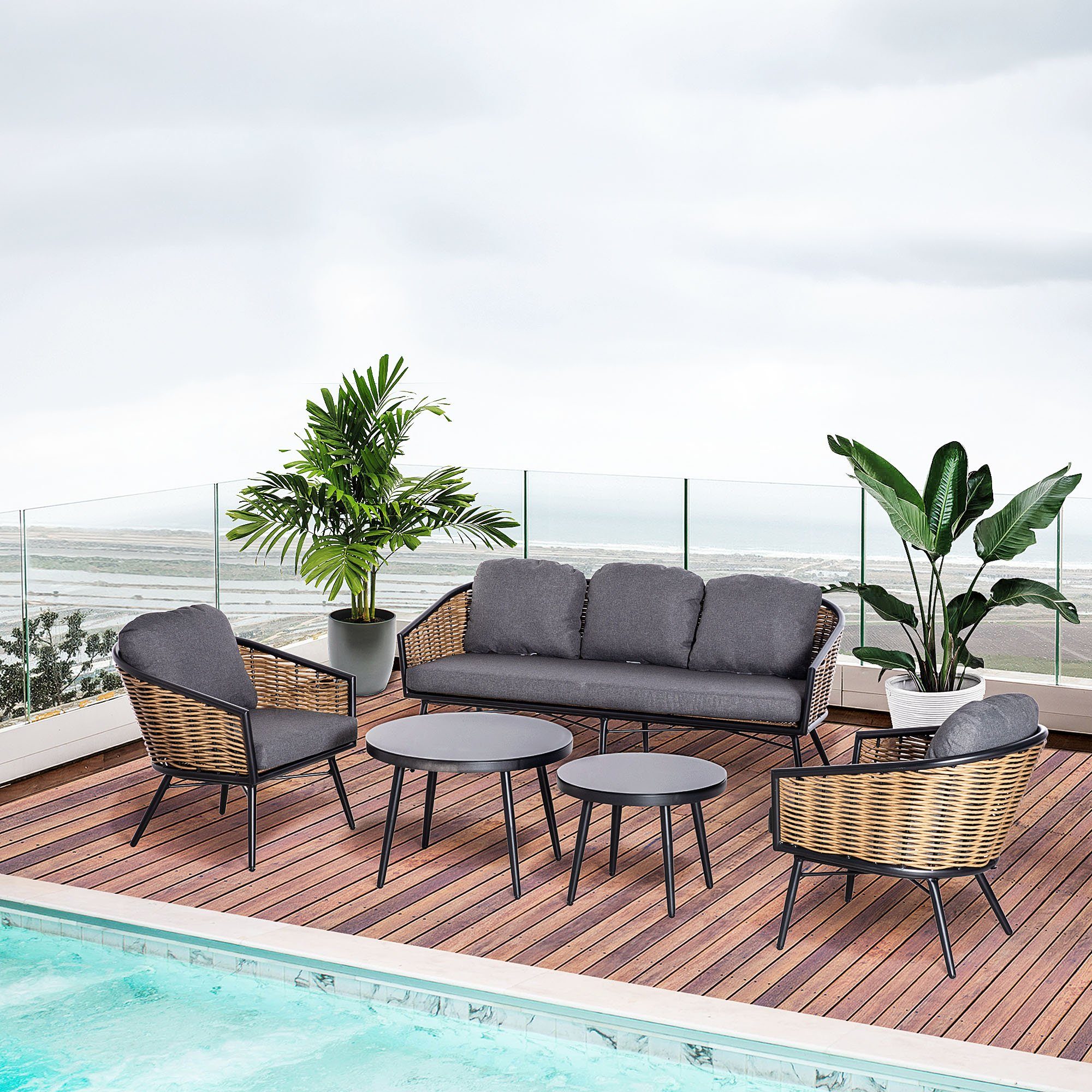 Outsunny Sitzgruppe Polyrattan Gartenmöbel Set 5-teiliges für Pause Lounge Teetisch, (Sitzgarnitur, 5-tlg., Lounge), mit Sofa Kissen Aluminium Natur 187L x 77B x 77H cm