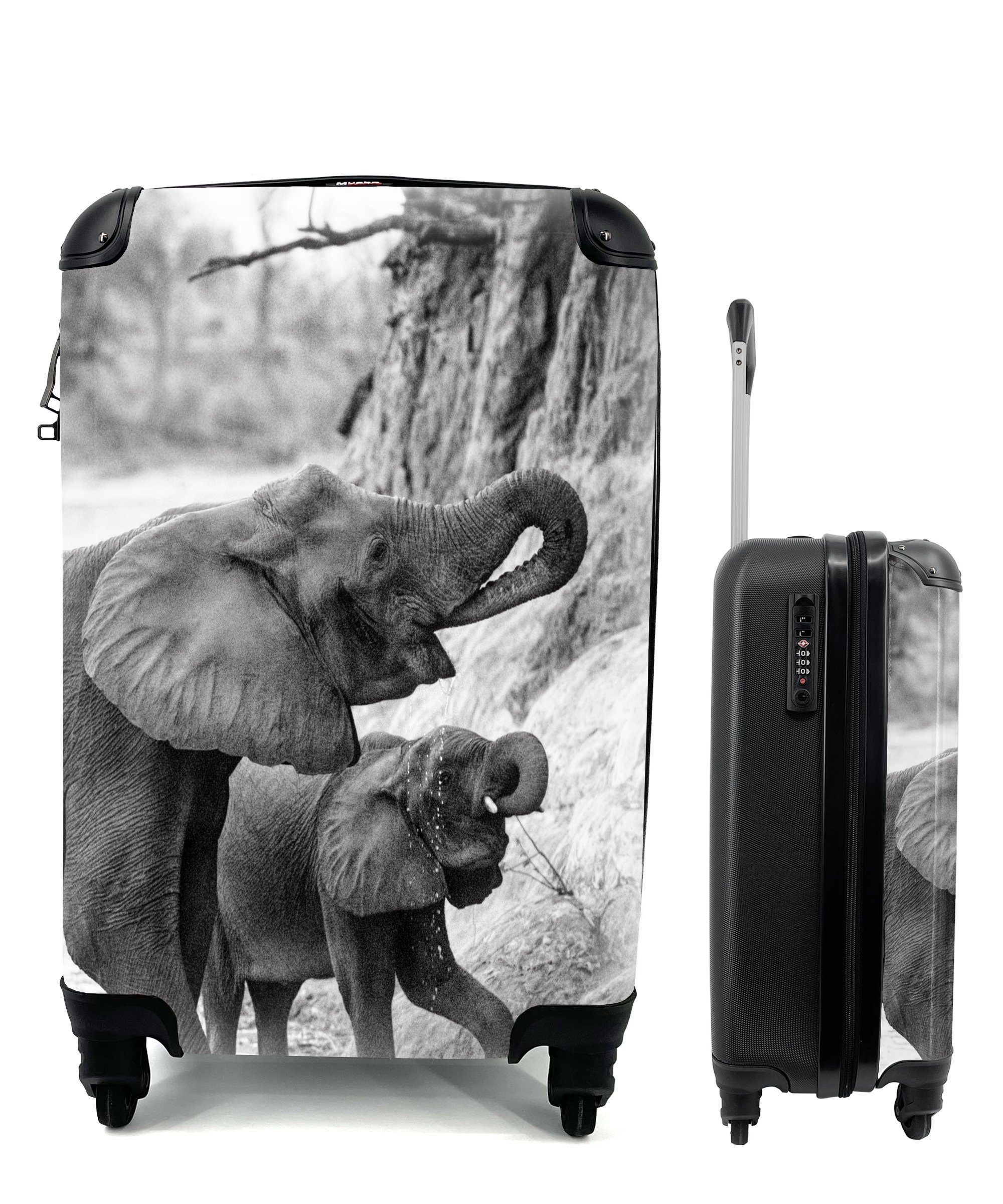 MuchoWow Handgepäckkoffer Trinkendes Elefantenbaby mit seiner Mutter in Schwarz und Weiß, 4 Rollen, Reisetasche mit rollen, Handgepäck für Ferien, Trolley, Reisekoffer