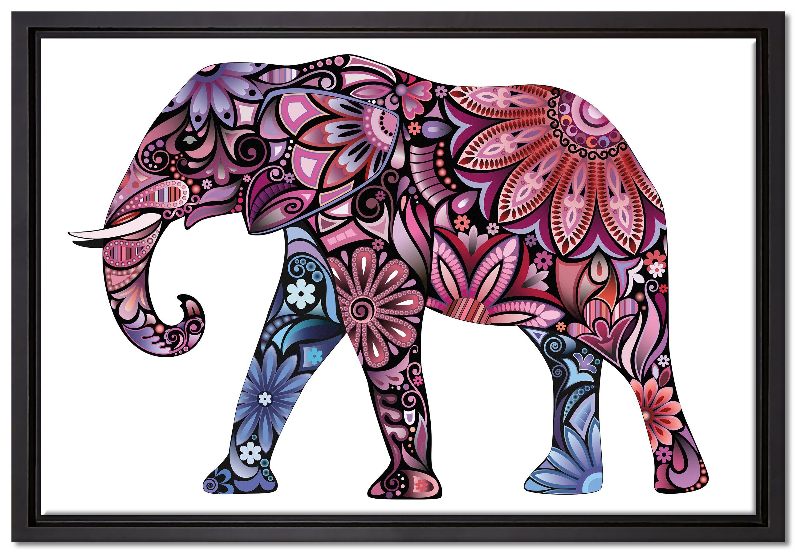 Pixxprint Leinwandbild Elefant mit Ornamenten, Wanddekoration (1 St), Leinwandbild fertig bespannt, in einem Schattenfugen-Bilderrahmen gefasst, inkl. Zackenaufhänger