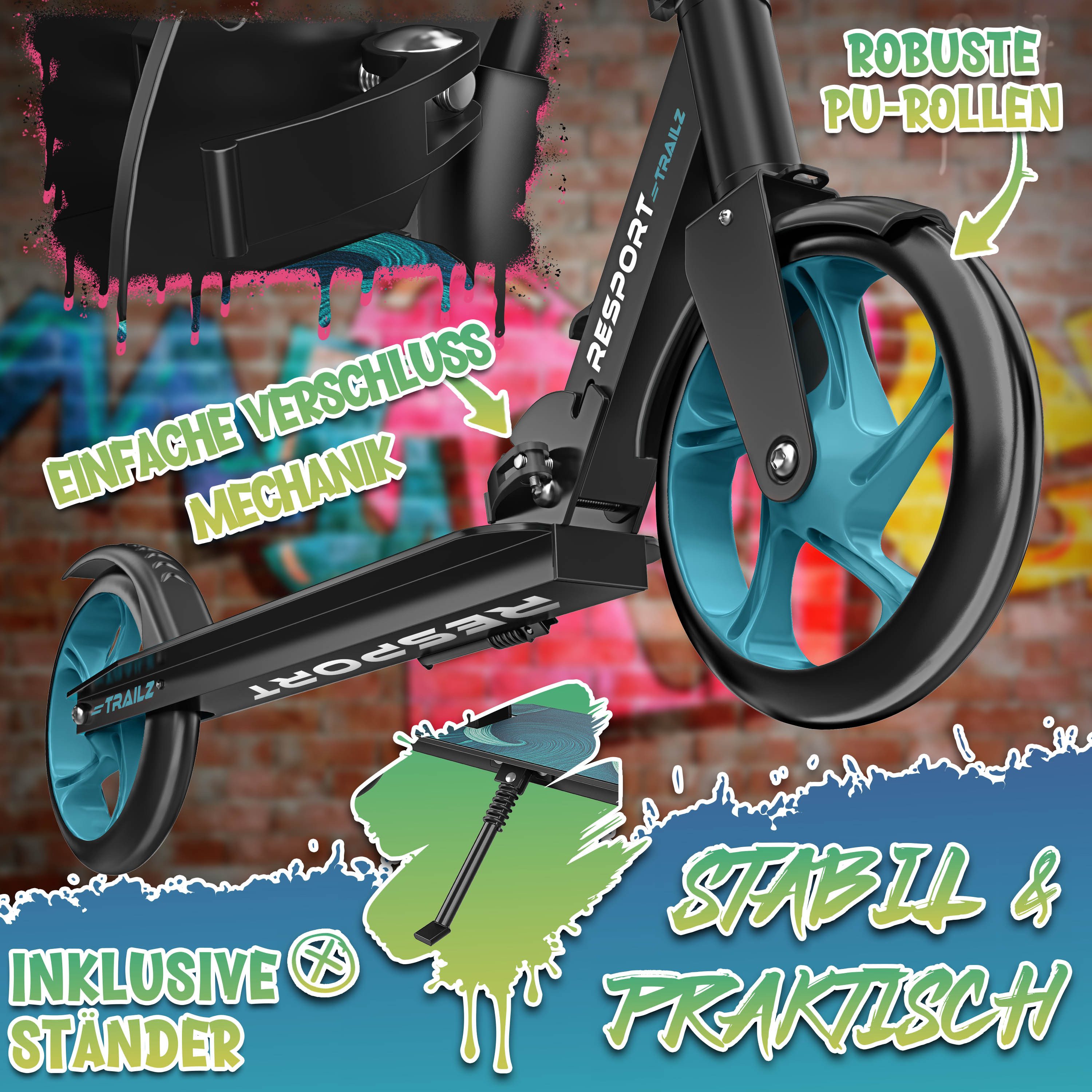 RE:SPORT Cityroller RE:SPORT® Trailz Cityroller Scooter inkl. Tragegurt und Klingel 200mm, (Scooter höhenverstellbar & klappbar, Kinderroller große Räder Kicksc – Bild 5 von 5
