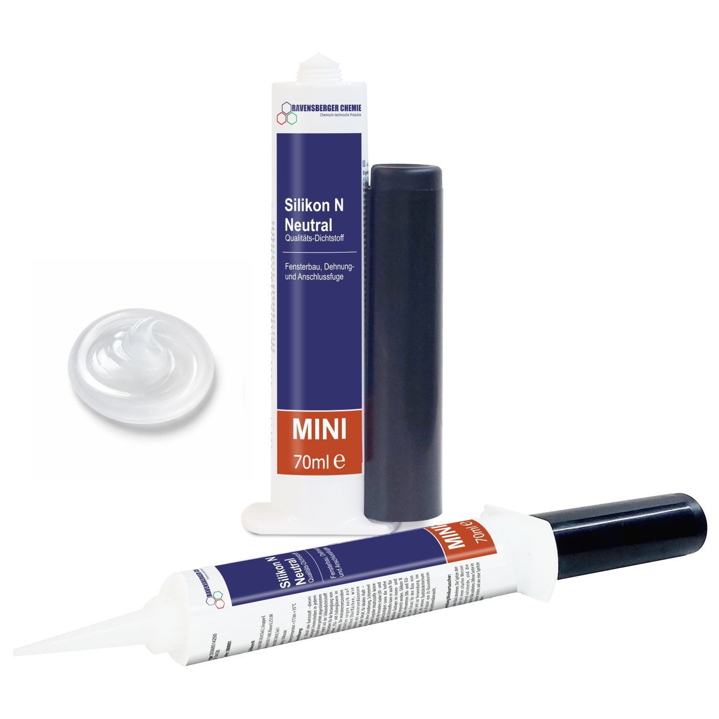 Ravensberger Chemie Silikon N - 70 ml Minikartusche - neutralvernetzend, Transparenter Dichtstoff, für Fenster, Fassaden & Anschlussfugen, wetterfest