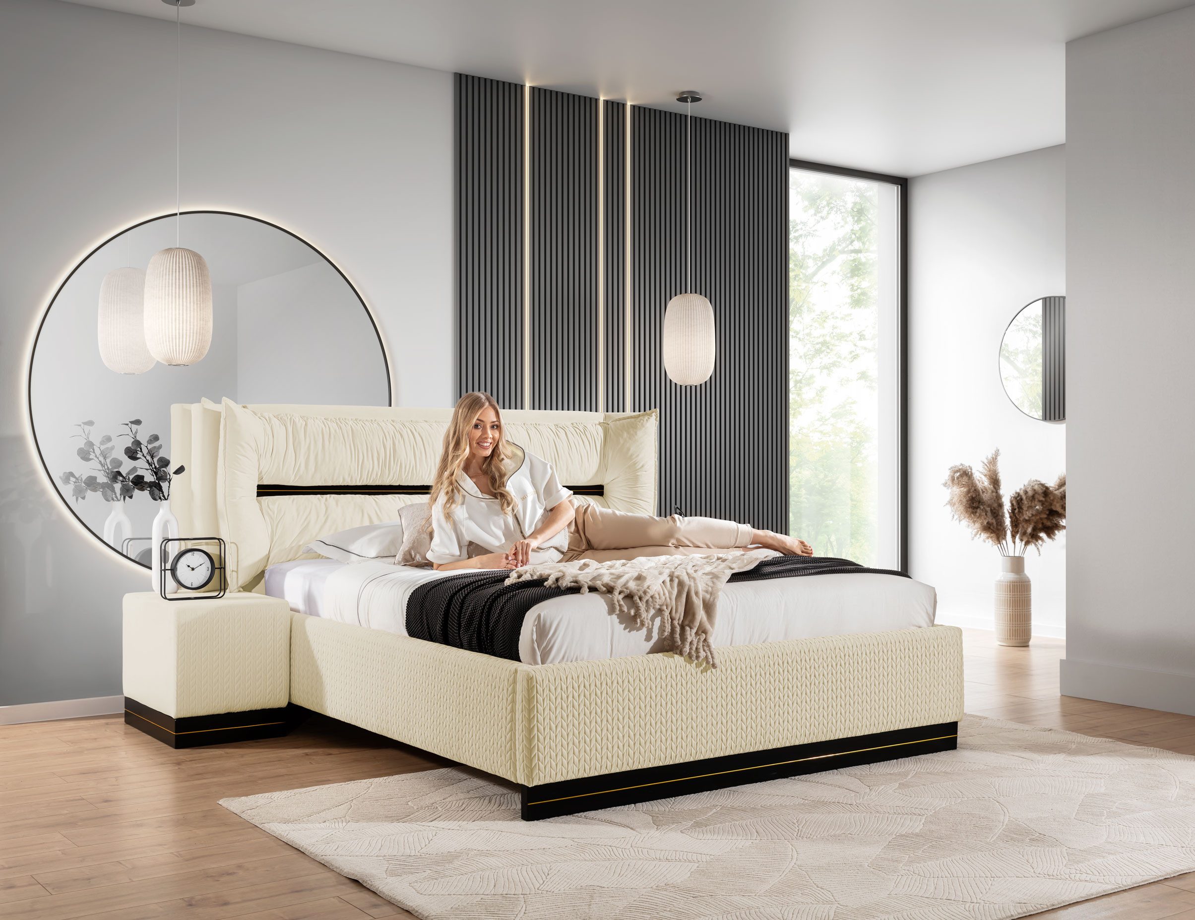 Fun Möbel Polsterbett Schlafzimmerbett HAMILTON Stoff Magic Velvet (mit Bettkasten, mit oder ohne Matratze), Gepolstertes Kopfteil