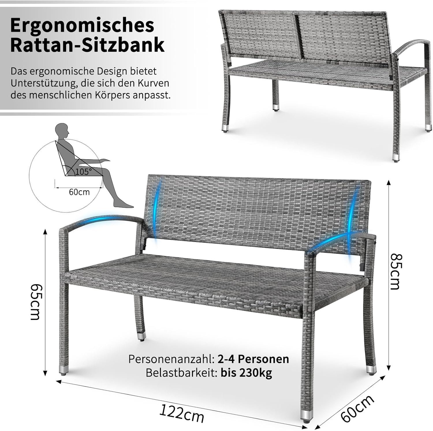 TLGREEN Gartenbank Polyrattan Sitzbank Wetterfest, 2 Sitzer Parkbank (Ratta günstig online kaufen