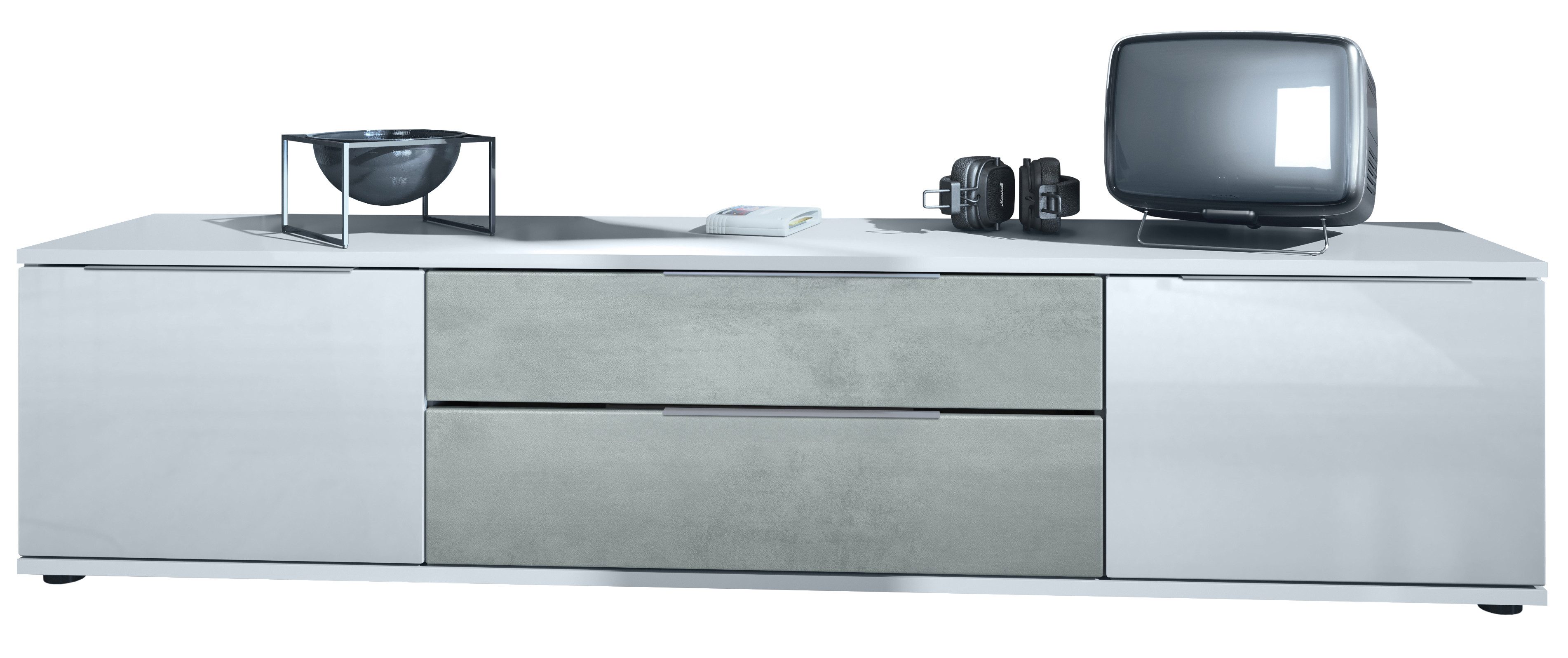 Vladon Lowboard Linio V2 (Fernsehtisch, mit 2 Türen und Schubladen), Weiß / Beton Oxid Optik (166,5 x 37,5 x 35 cm)