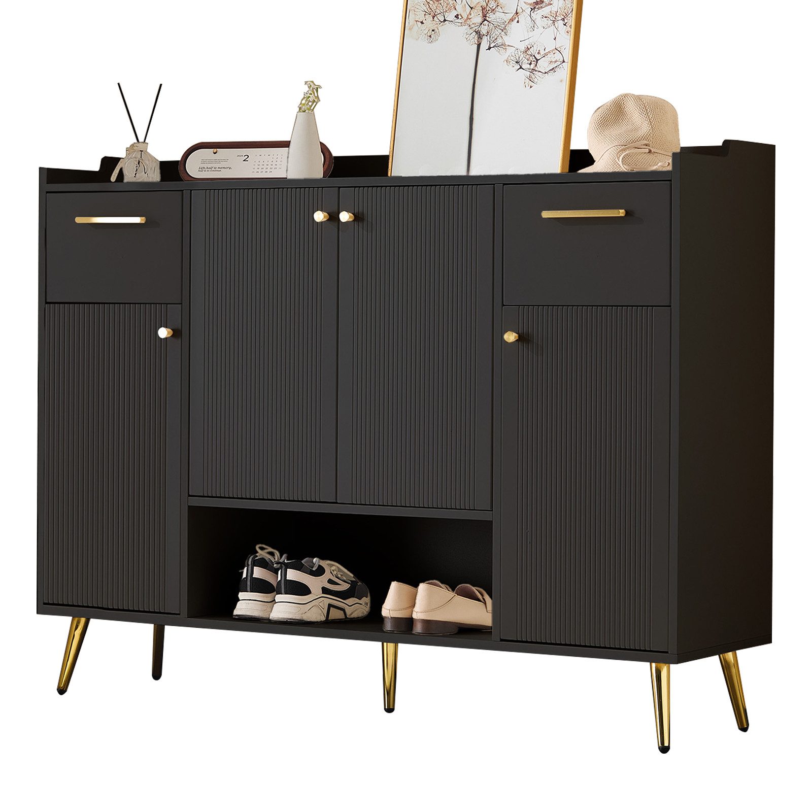 Yorbay Schuhschrank mit 4 Türen, 2 Schubladen, 5 Metallfüße, 130x37x100cm (Aufbewahrungsschrank mit verstellbaren Regalen, Metallgriffen) Schuhregal Kommode für Eingangsbereiche, Flure, Wohnzimmer