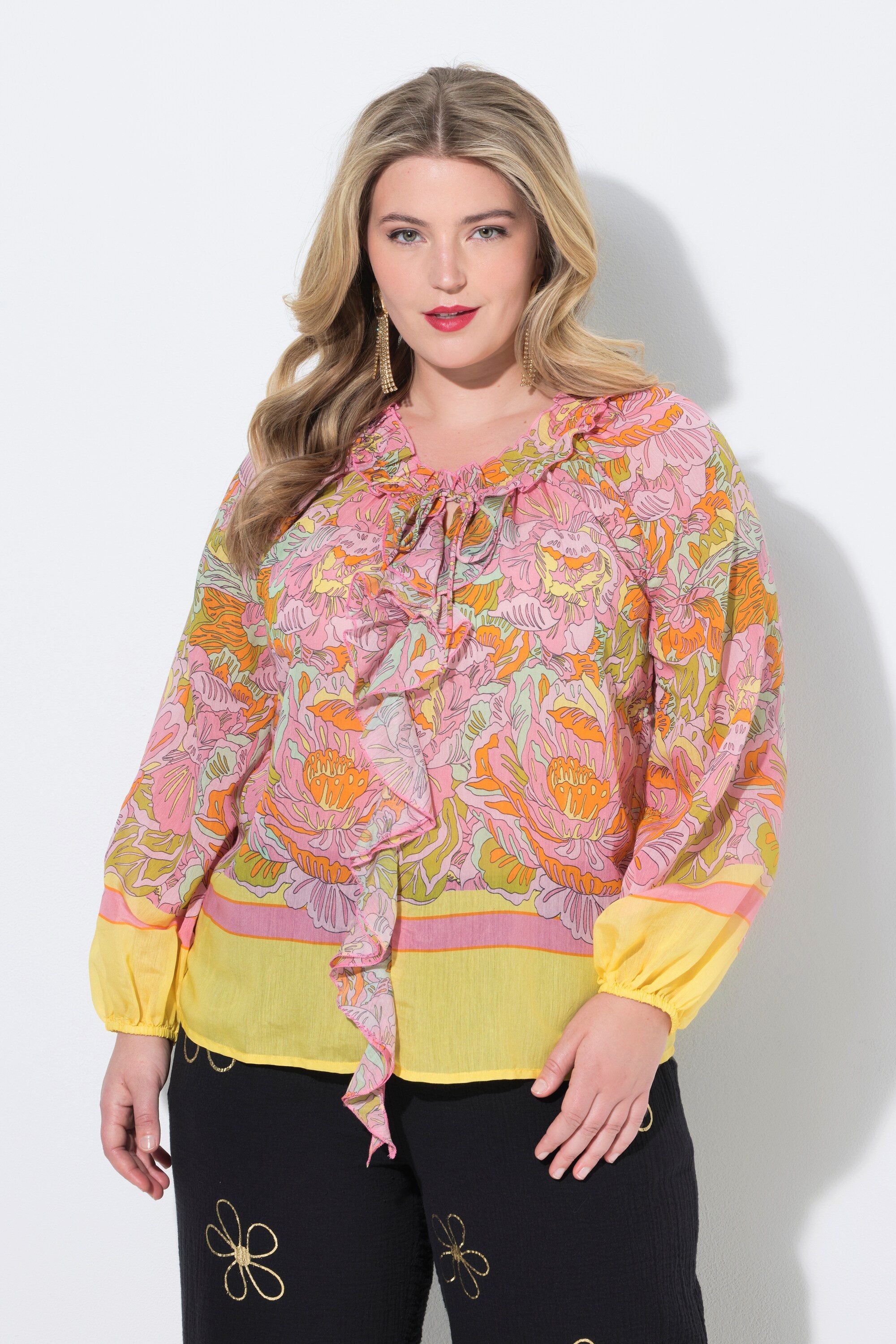 Longbluse Bluse bequeme Passform Muster Bordüren