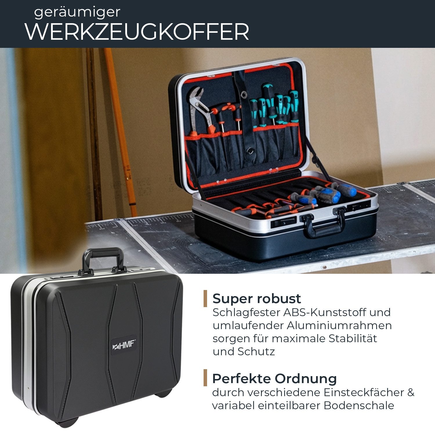 HMF Werkzeugkoffer Werkzeugkoffer leer aus schlagfestem ABS-Kunststoff mit, Aluminiumrahmen, Werkzeugkiste groß abschließbar, 47 x 40 x 22 cm