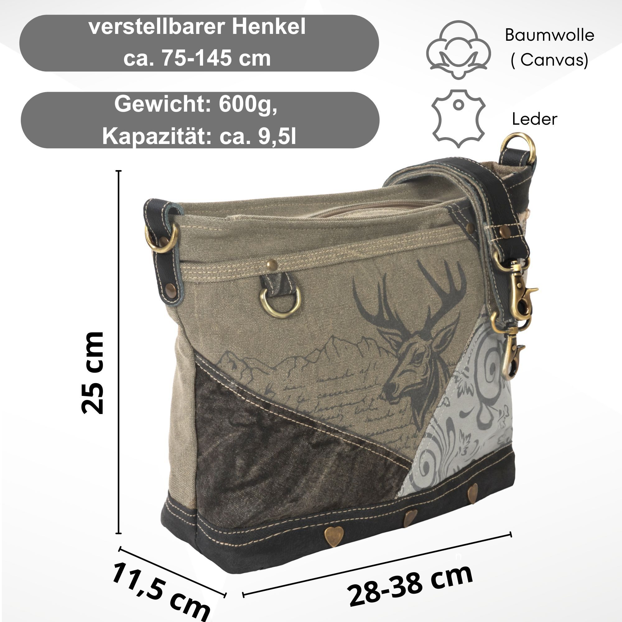 Domelo Trachtentasche Domelo . Große Canvas Umhängetasche mit Hirschmotiv, Trachten Motiv