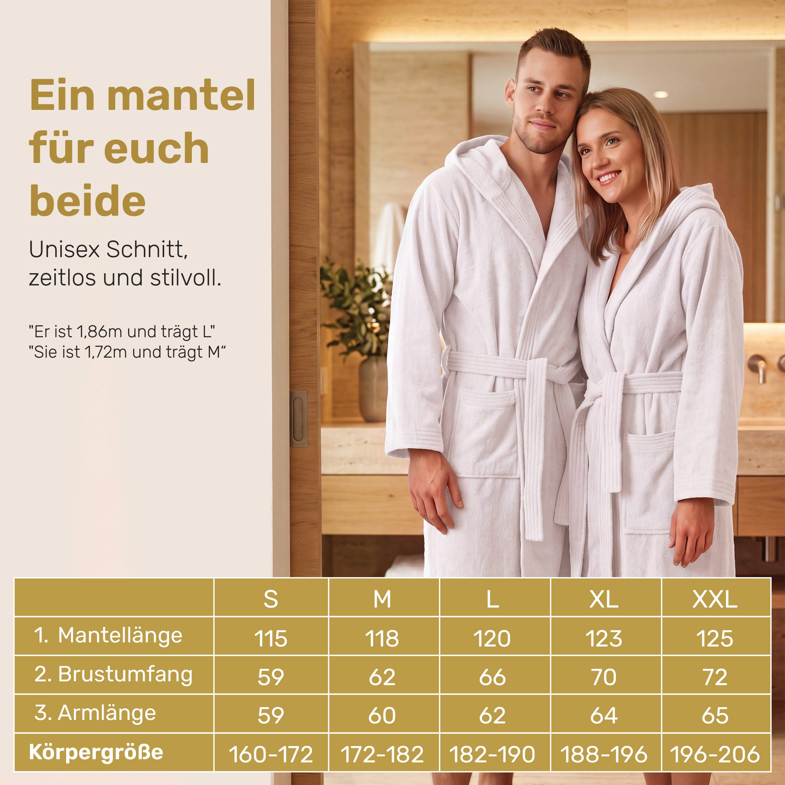 Lavea Bademantel Damen und Herren, Morgenmantel Mexico, Hotelbademantel, Lang, 100% Baumwolle, mit Kapuze, hochwertiger Bindegürtel, Weich & Saugstark - Spa Fee – Bild 2 von 5