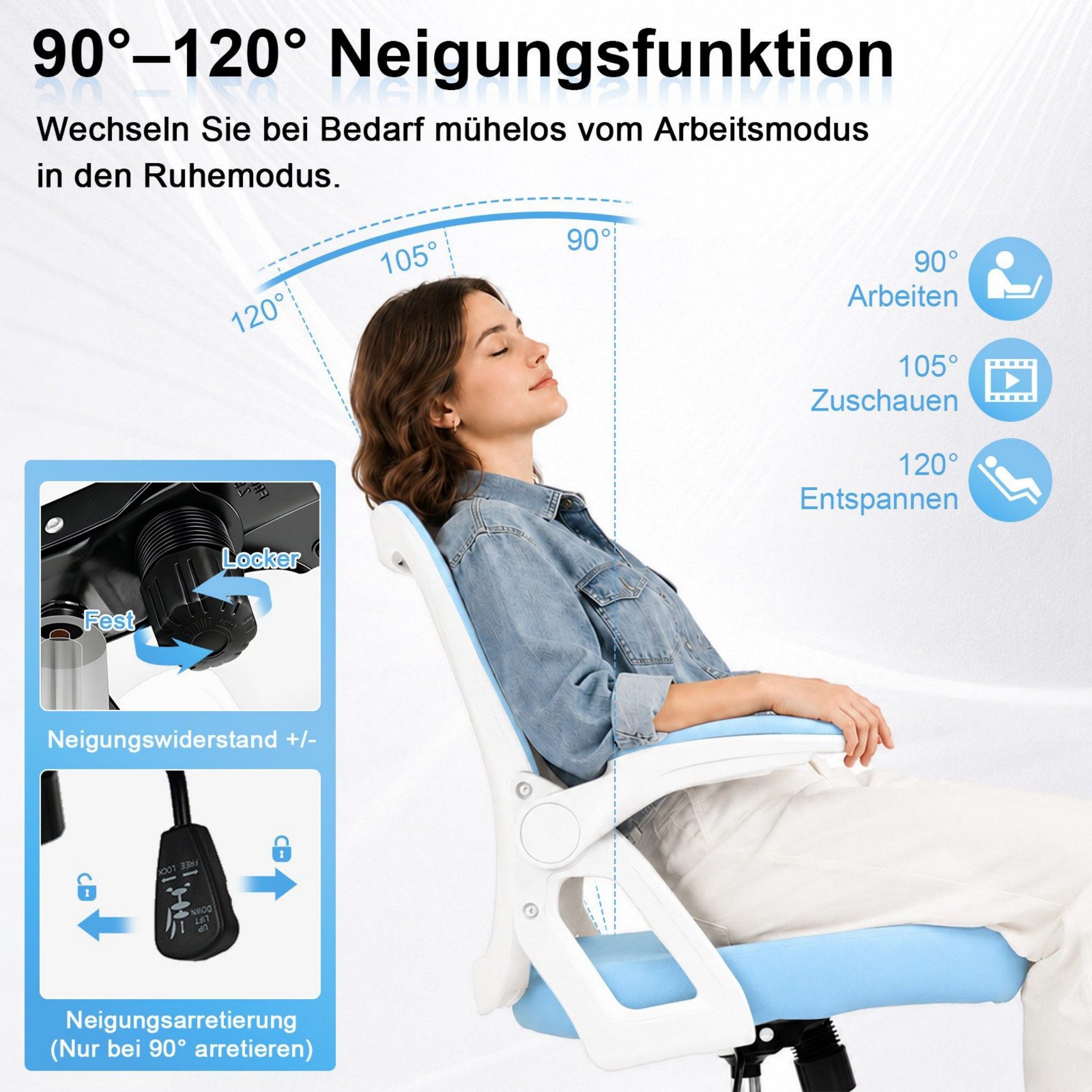 Milacyee Bürostuhl Ergonomischer Bürostuhl mit 90° klappbaren, gepolsterten Armlehnen (Höhenverstellbarer Atmungsaktiv Chefsessel mit geräuscharmen Rollen,Drehs – Bild 3 von 5
