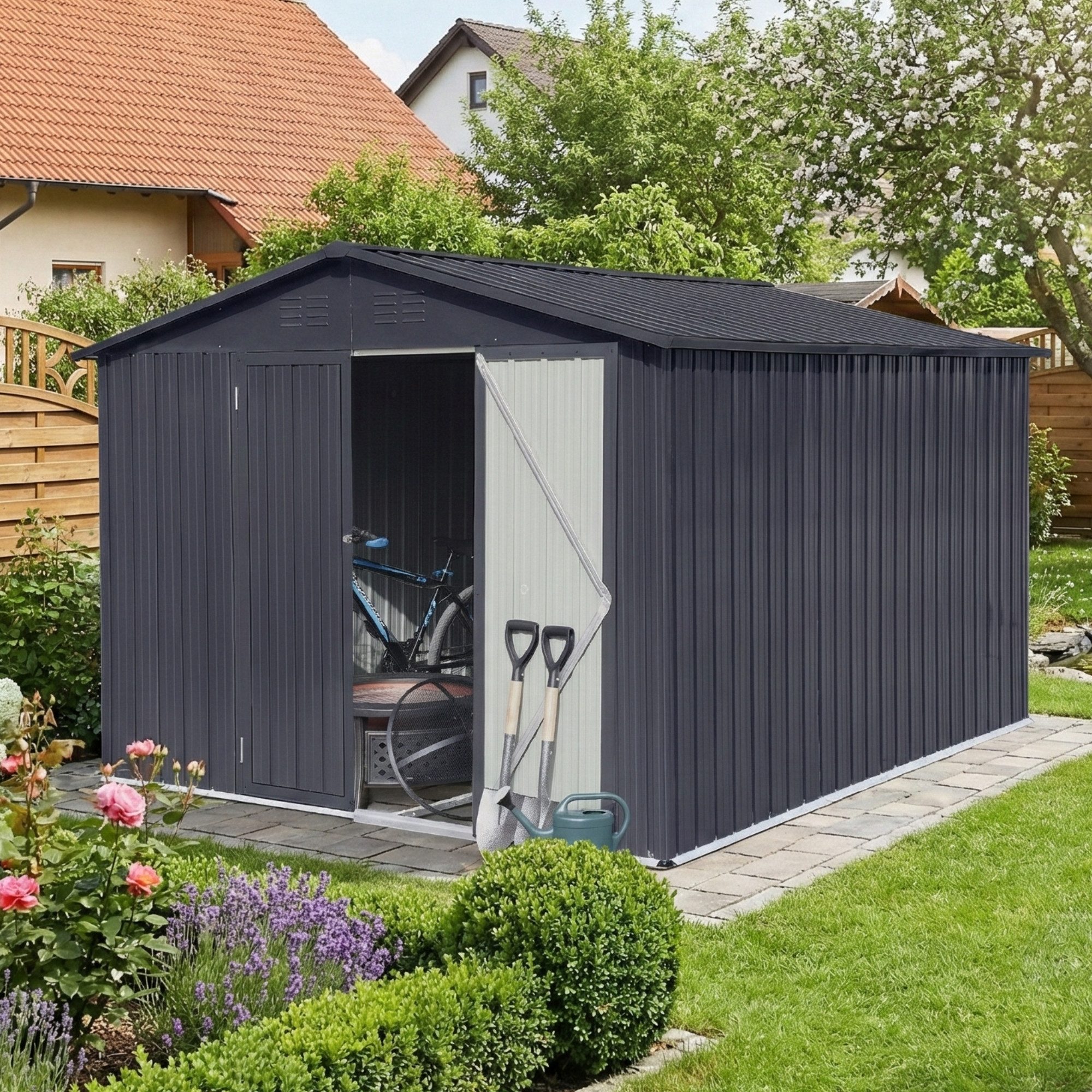 Albatros International Gerätehaus Profi Gerätehaus wetterfest Geräteschuppen Gartenschrank Gartenhaus, BxT: 259x313 cm, (XXL, 259x313x192cm), verzinktes Metall Anthrazit (RAL 7016) Inkl. Schloss & Werkzeughaken