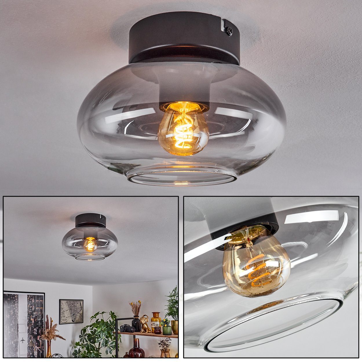 hofstein Deckenleuchte moderne Deckenlampe aus Metall/Glas in Schwarz/Rauch günstig online kaufen