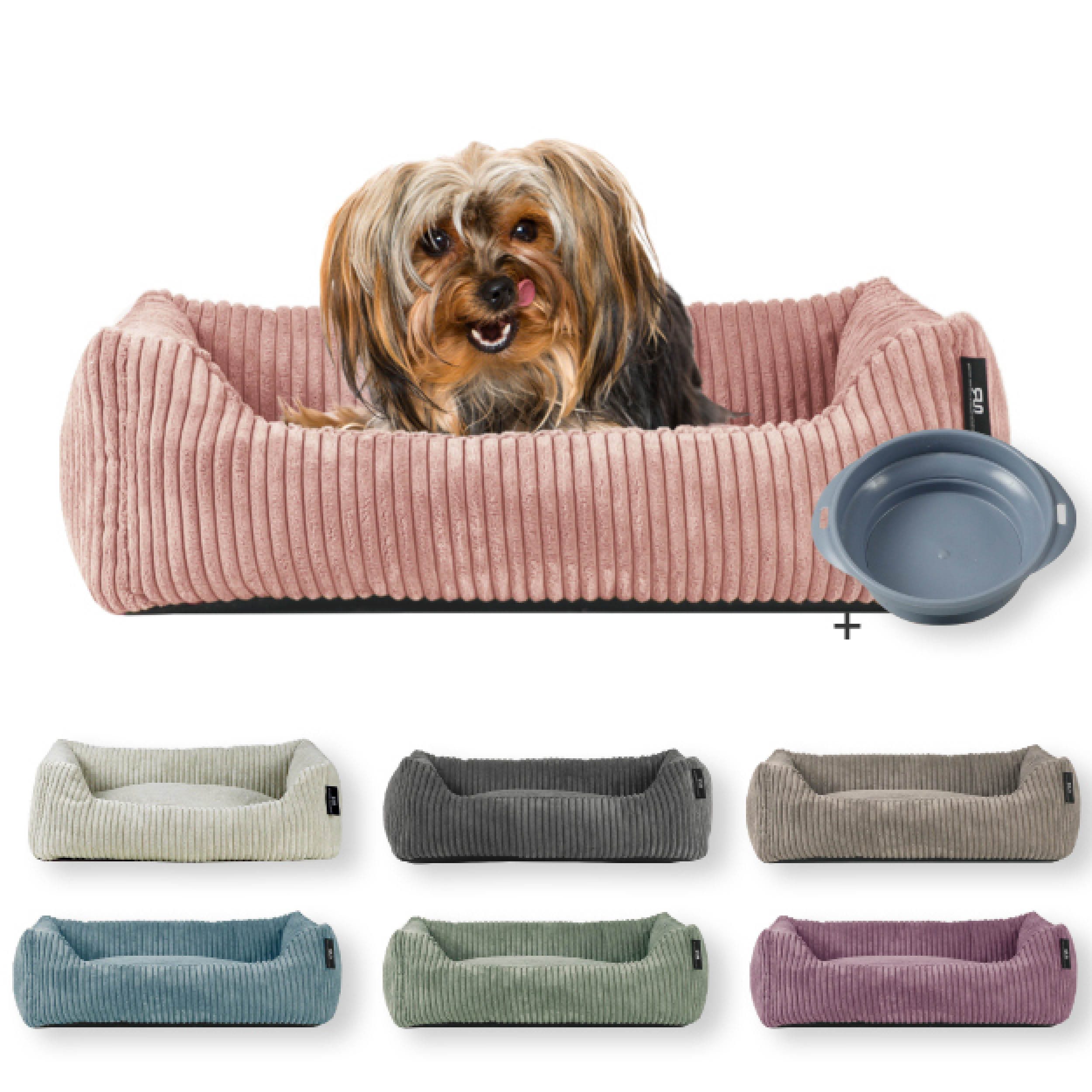 Rohrschneider Tierbett Hundebett Cord für kleine Hunde mit waschbarem Bezug inkl. Futternapf, antiruschbeschichtete Unterseite