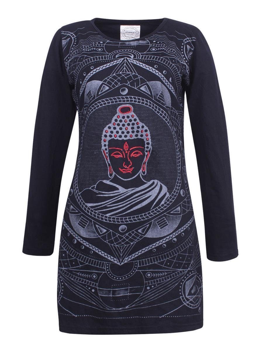Vishes Midikleid Langarm Baumwollkleid Shirtkleid mit Buddha Druck Übergangskleid, Hippie Style schwarz