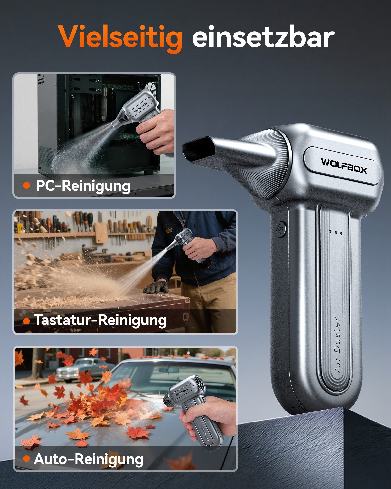 WOLFBOX Akku-Druckreiniger DF60 Akku-Druckluftreiniger 110000 U/min, (1 tlg), 3 Geschwindigkeiten, 5 Düsen, Schnellladung