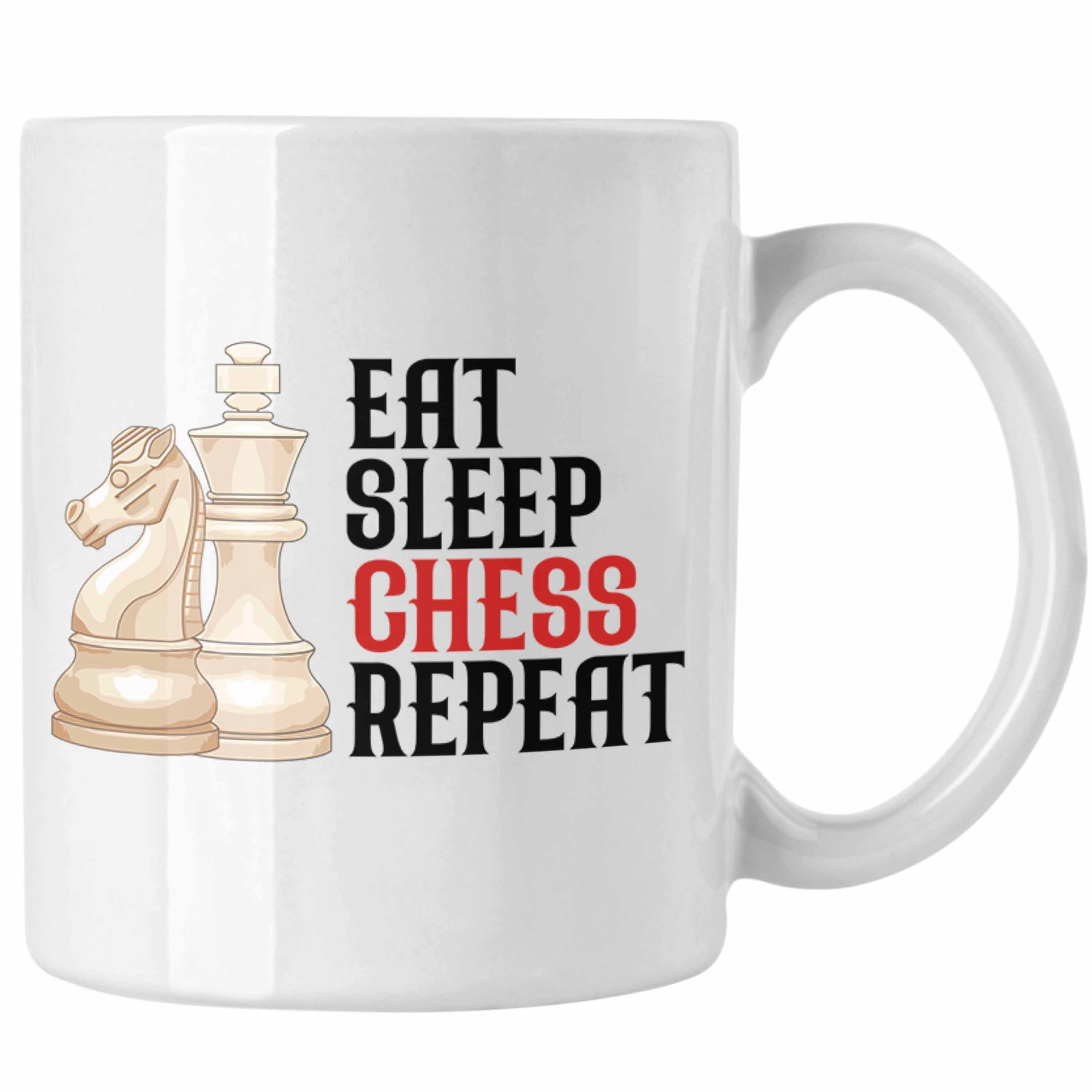 Trendation Tasse Trendation - Schach Tasse Geschenk für Schach-Spieler Profis Lustiger Spruch Grafik Eat Sleep Chess Weiss