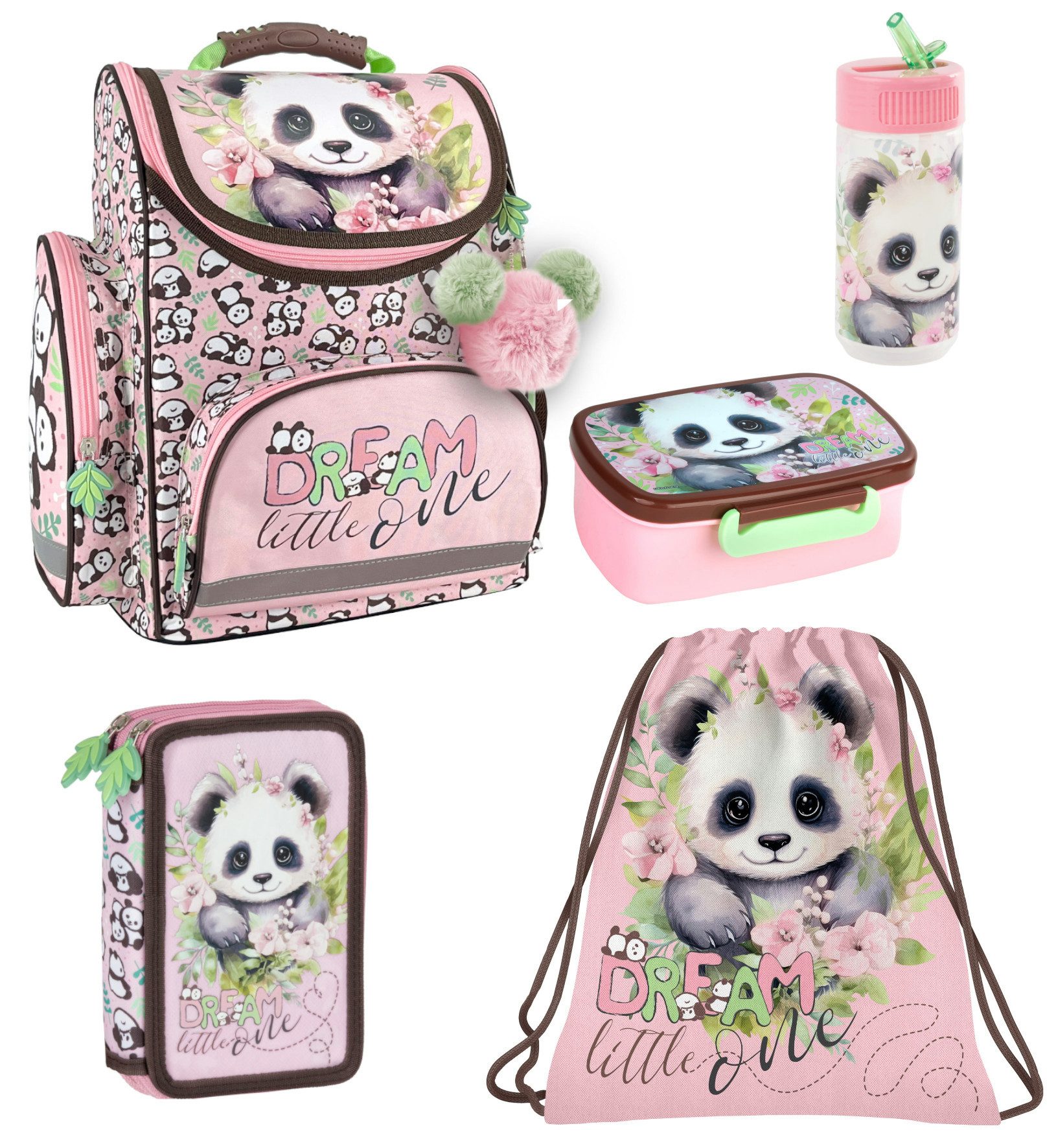 Schulranzen Panda 5 tlg. Set - Tornister Federtasche Turnbeutel Brotdose