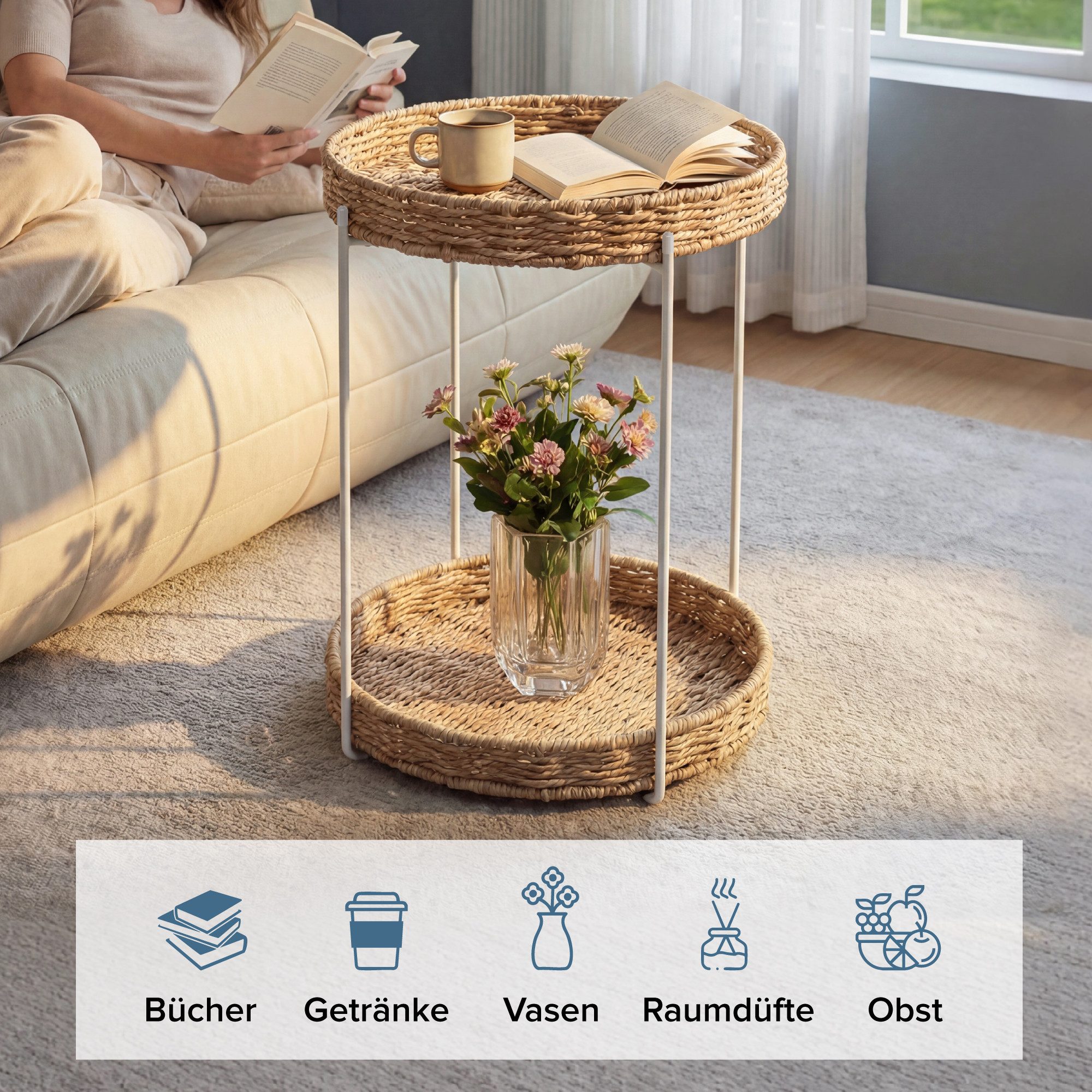 doporro Beistelltisch Couchtisch kleiner Tisch mit 1/2 geflochtenen Ablagen rund Reglo-08, Zwei Materialien zur Auswahl – Bild 4 von 5