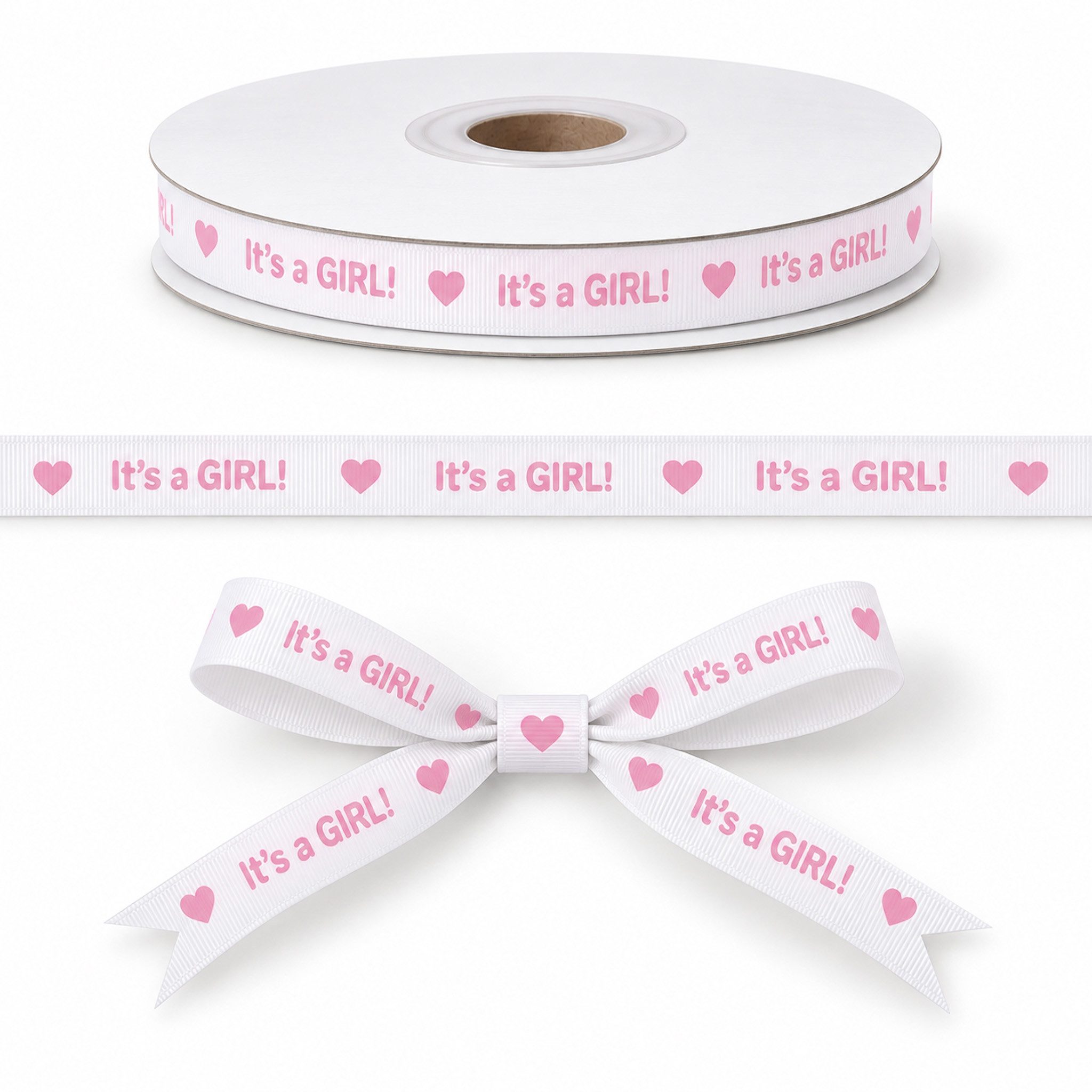 Creativery Geschenkband, Geschenkband Baby / Its a Girl 12mm x 10m Rolle weiß / rosa