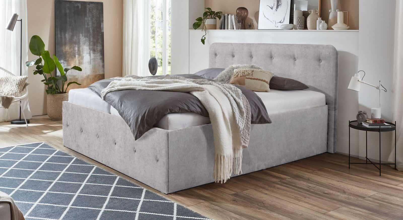 mit cm Höhe Schlafkomfort Knopfheftung Luxi, eine Grau Betten Halmon 100 Kopfteilpolsterung Bett und Schöne von