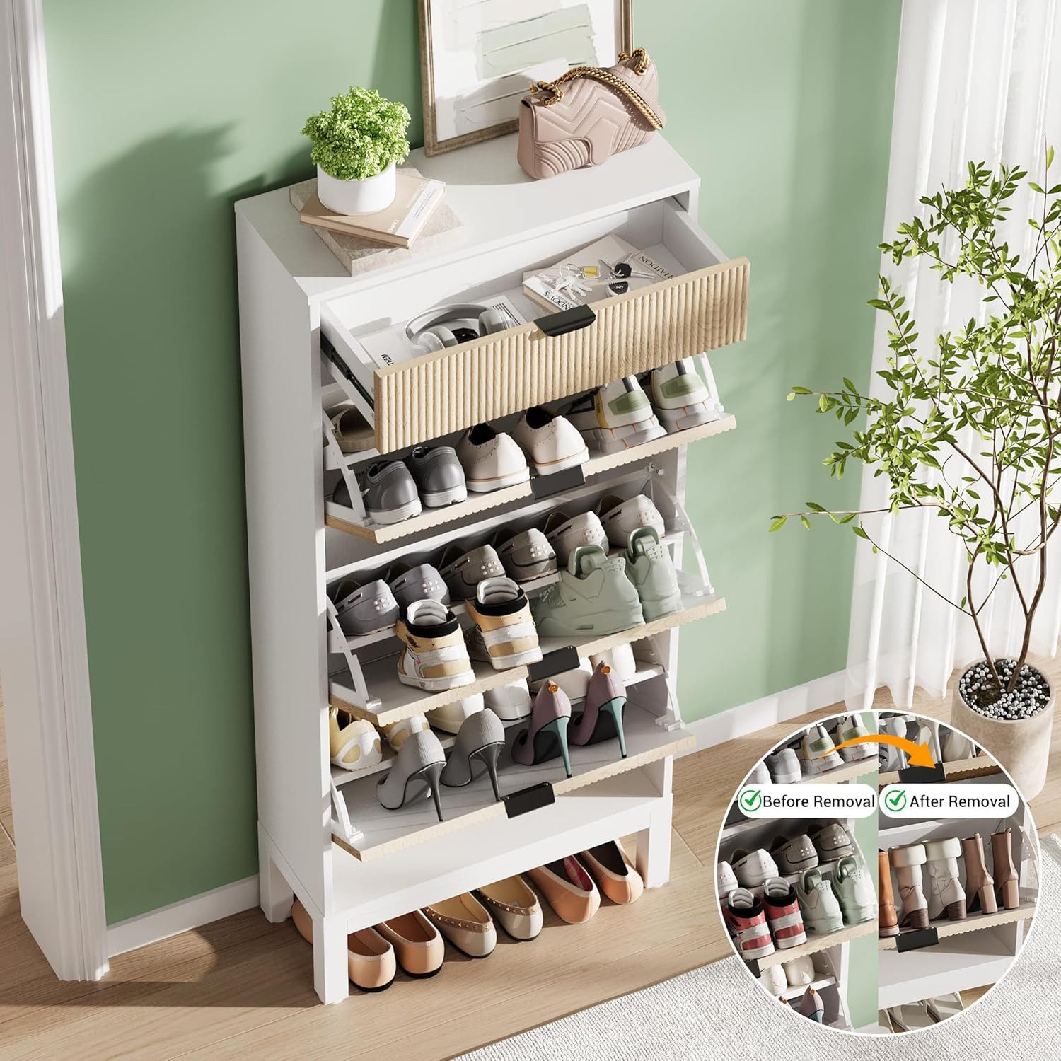 GarveeMore Schuhschrank mit 3 Klappschubladen und 1 Schublade,Schuhkipper,Schuhkommode (freistehendes, schmales Schuhregal, Landhaus-Schuhschrank mit 3 Klappfäc – Bild 5 von 5