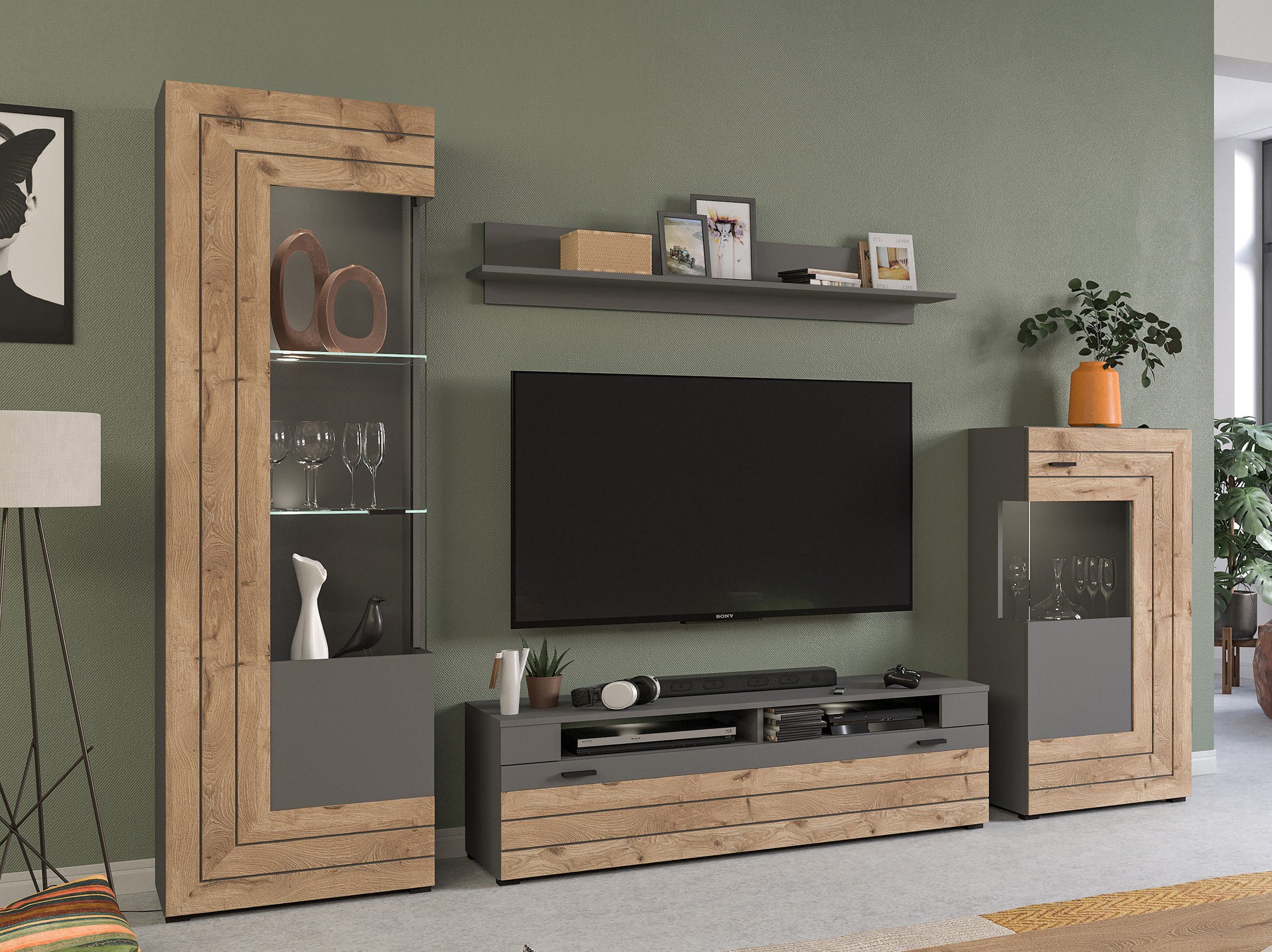 Newroom Wohnwand Dione, Wohnwand Grau Schrankwand Anbauwand Industrial Modern Wohnzimmer Sc...