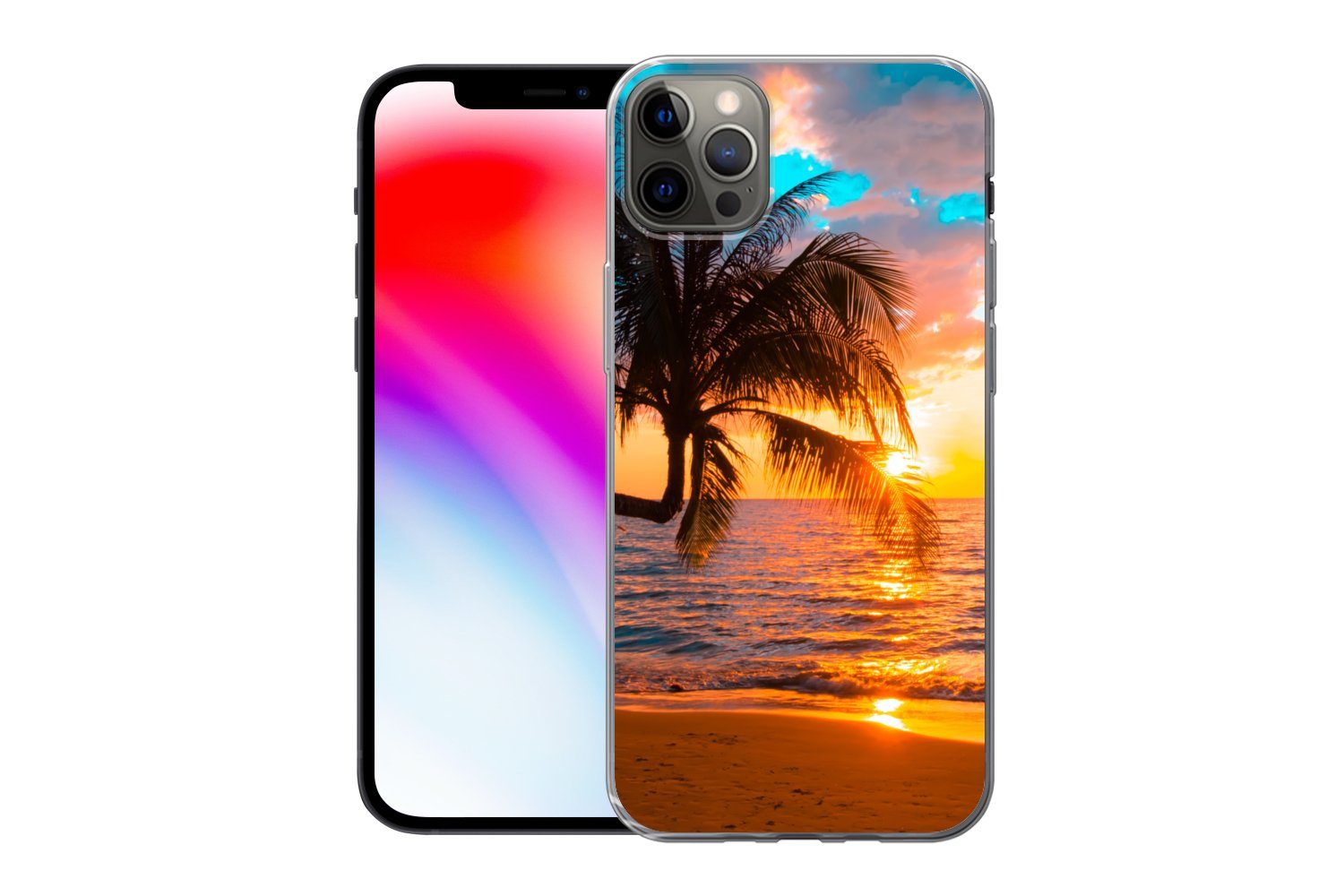MuchoWow Handyhülle für Apple iPhone 13 Pro Max Palme - Sonnenuntergang - Horizont - Stran, Smartphone-Bumper, Print, Handy Schutzhülle Dünn