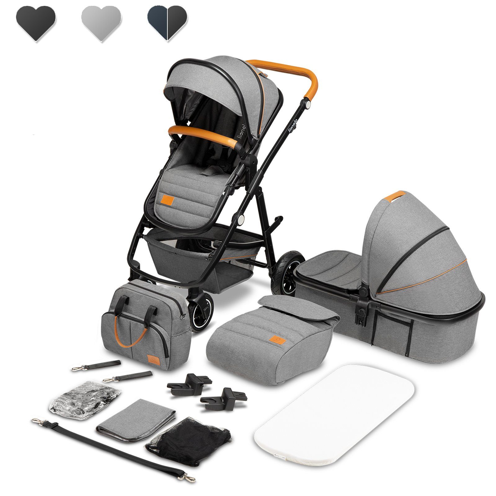 lionelo Kombi-Kinderwagen Amber, Grau 2in1 Tasche Schutzüberzug Regenschutz Moskitonetz