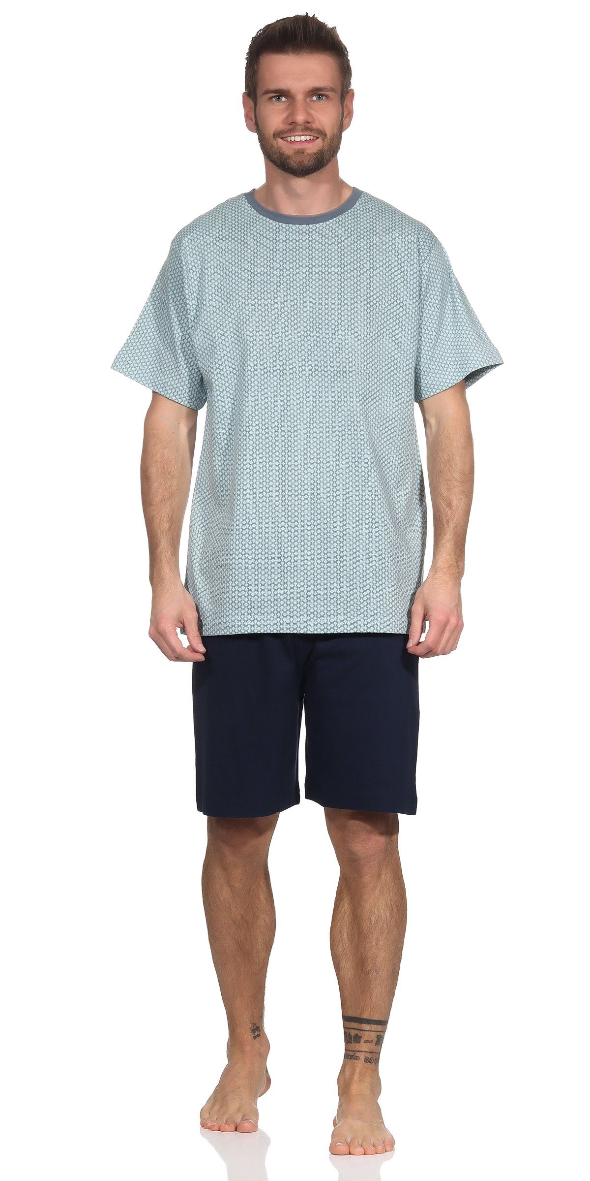 Nachtwäsche Shorty Aqua Baumwolle Rundhals Moonline Schlafanzug Shorty tlg) Herren Kurzarm (2 Pyjama 100%