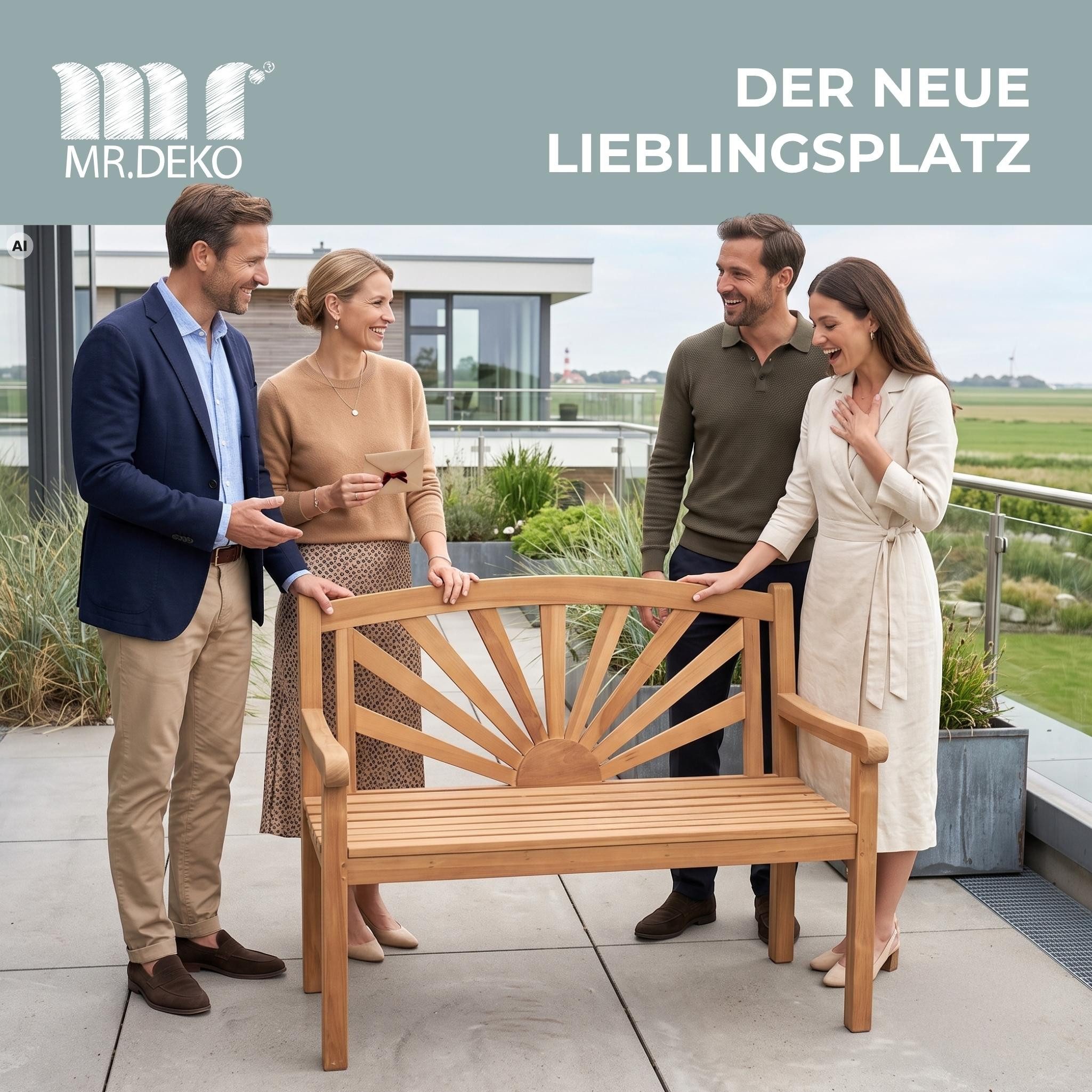 MR.DEKO Gartenbank Teak Sonnen-Motiv, wetterfest, ideal für Garten & Balkon Sommer (2-Sitzer Bank, zerlegt geliefert, ideal für Terrasse, 1-St), Massive Sitzbank Garten und Balkon, 250 kg belastbar