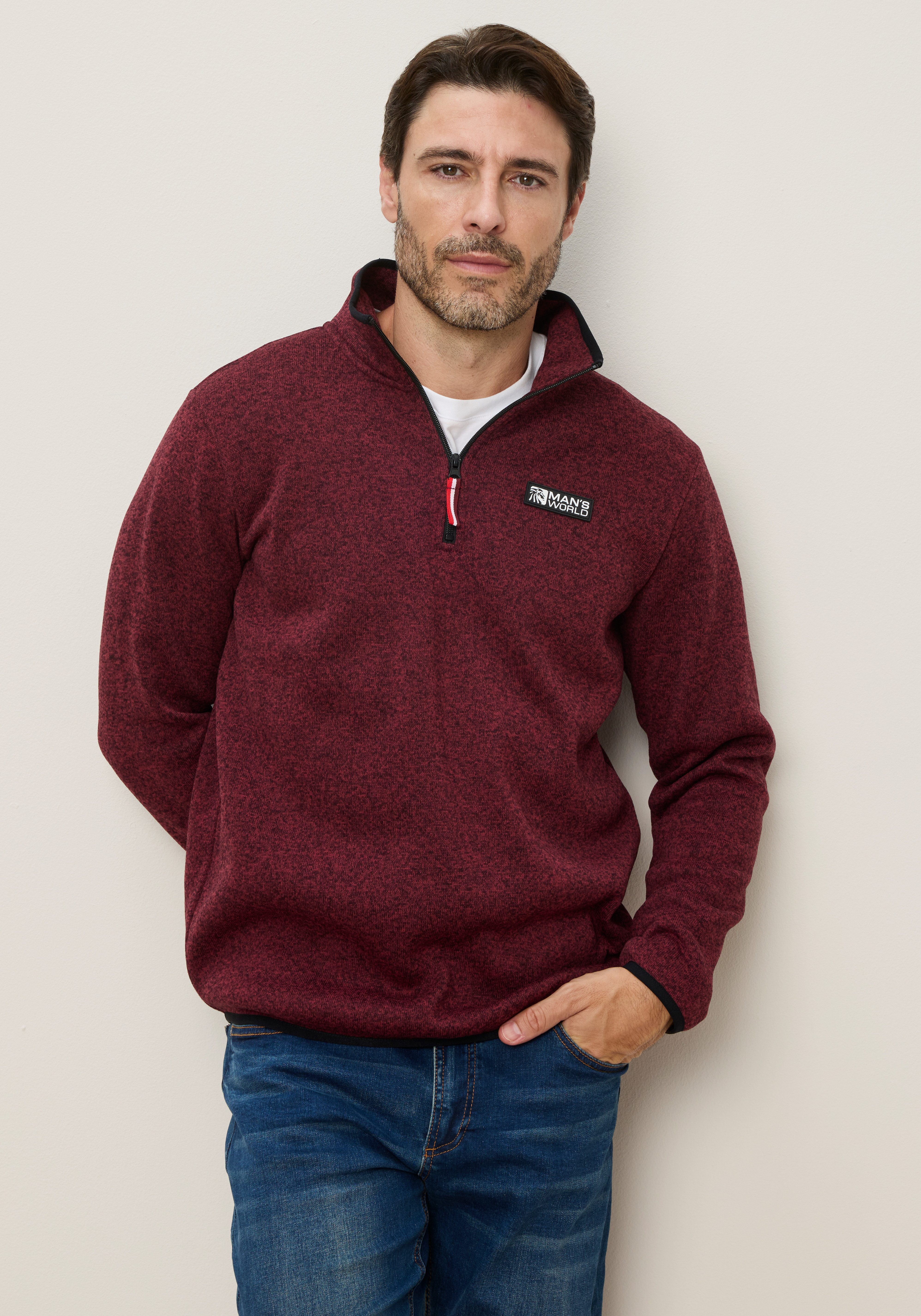Man's World Fleecepullover mit hoch geschlossenem Ausschnitt, melierte Optik, sportlicher Stil