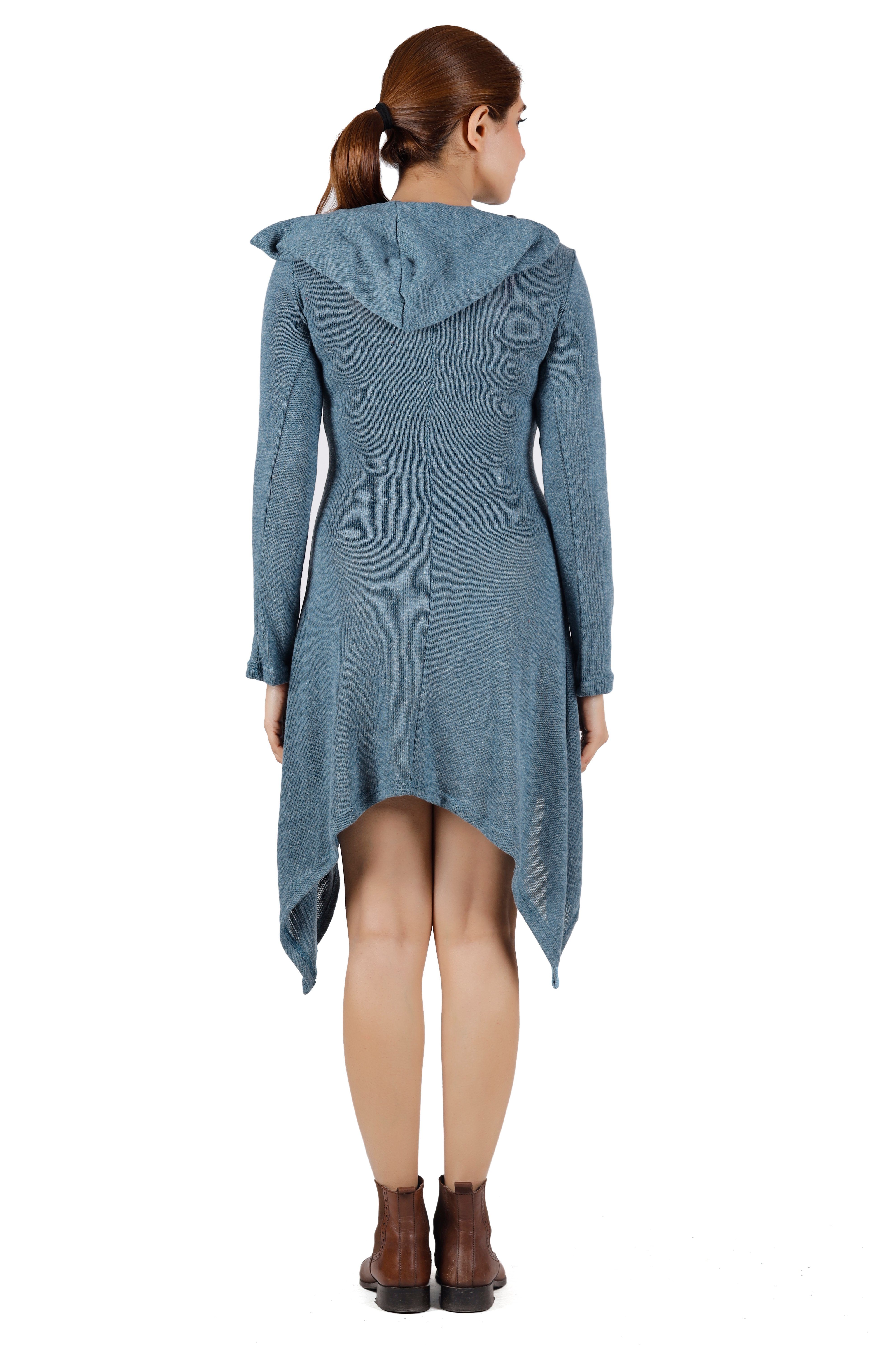 alternative Midikleid Pixikleid mit taubenblau Guru-Shop Feinstrick Bekleidung Kapuze, Elfen Pullover..