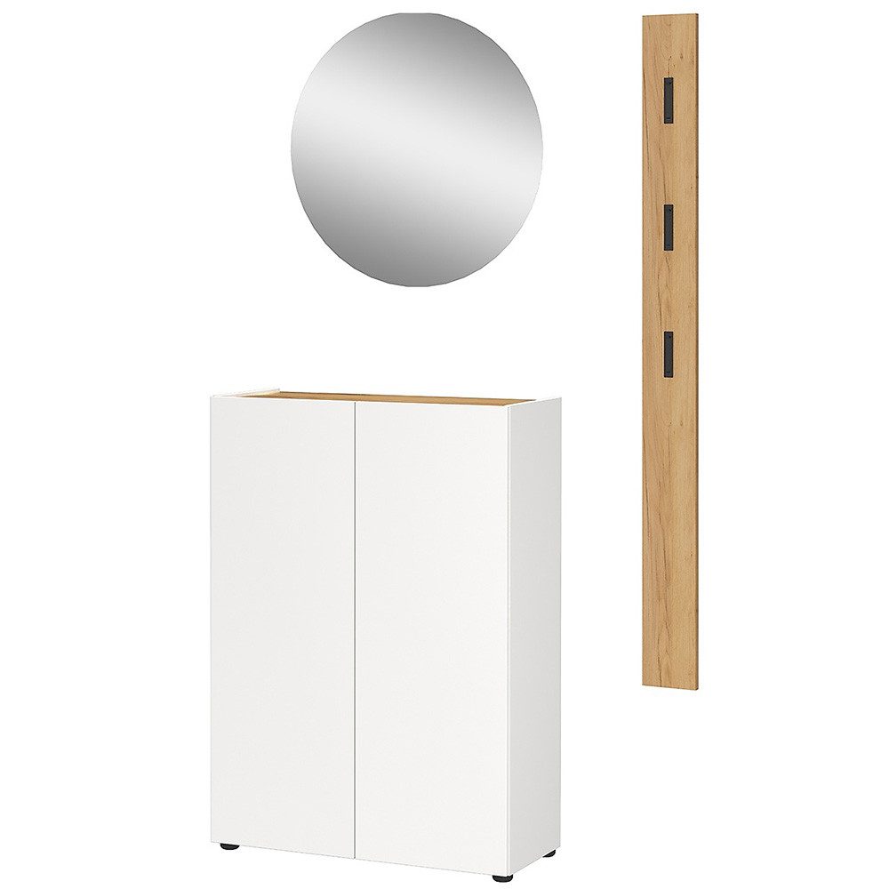 Lomadox Garderoben-Set ABURI-01, (Spar-Set, 3-St., Schuhschrank Spiegel Paneel), in weiß mit Eiche, griffloses Design, 3 anklappbare Haken