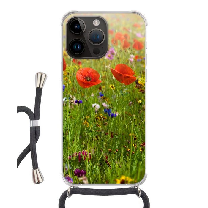 MuchoWow Handyhülle Frühling - Blumen - Rot - Mohn - Gras - Grün Handyhülle Telefonhülle Apple iPhone 14 Pro