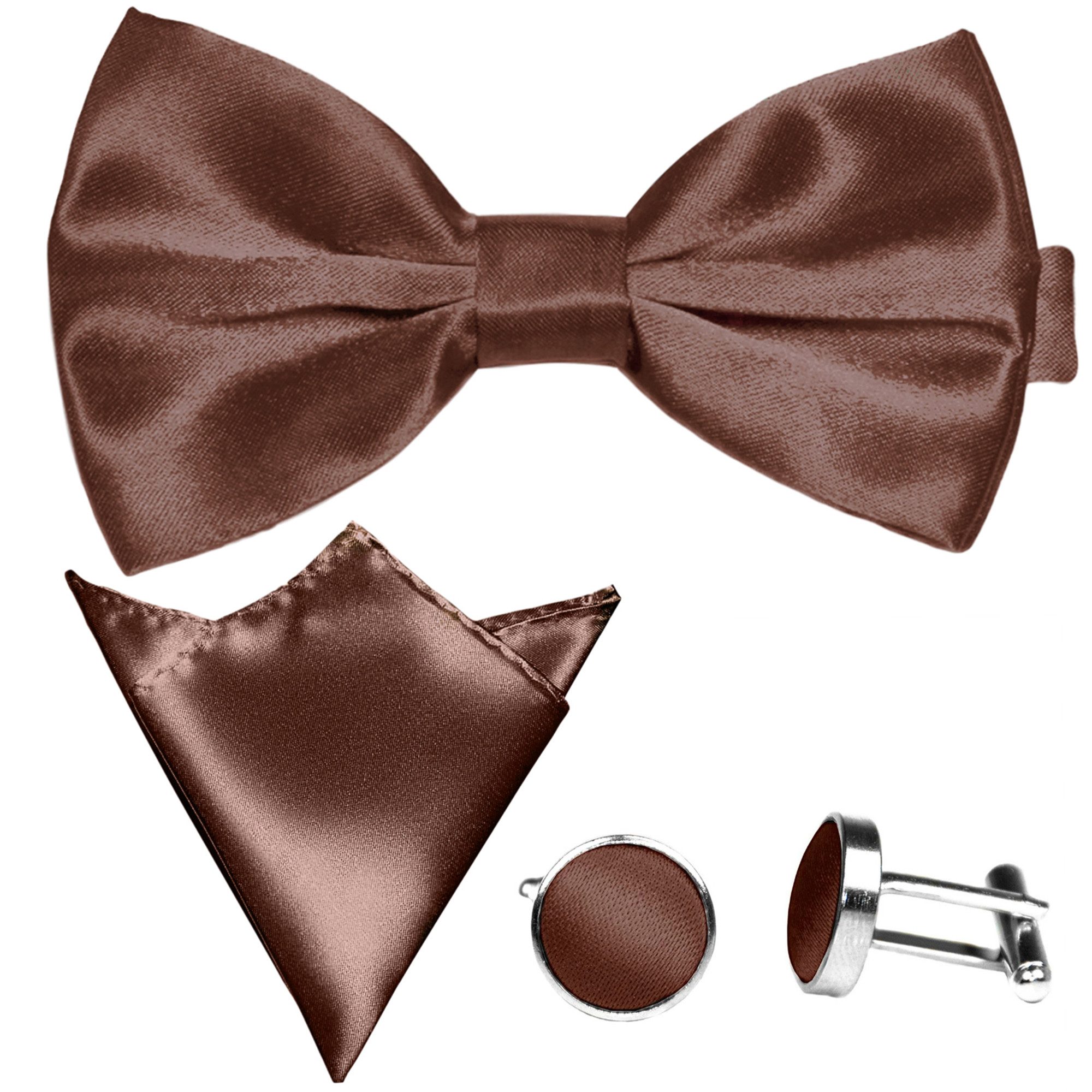 GASSANI Fliege Hochzeitsfliege, Herren-Schleife Kavalierstuch, Hochzeit Bräutigam (Set, 3-St., Fliegenset, mit Einstecktuch, Manschettenknöpfe) Uni, Seide-Touch-Finish, Vor-Gebunden Verstellbar