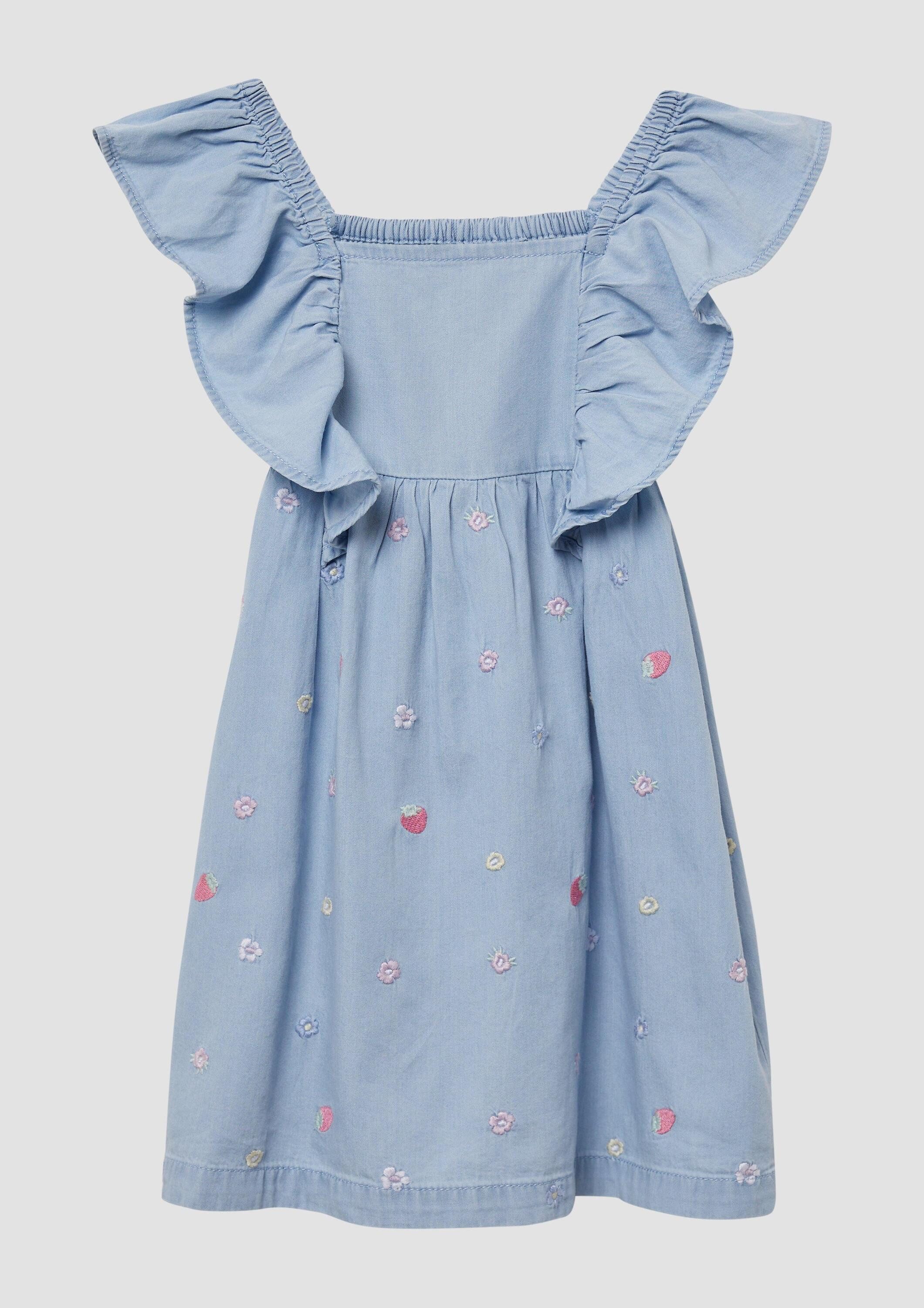 s.Oliver Minikleid Kleid Kurzes Denim-Kleid mit Smok-Detail und All-over-Stickerei