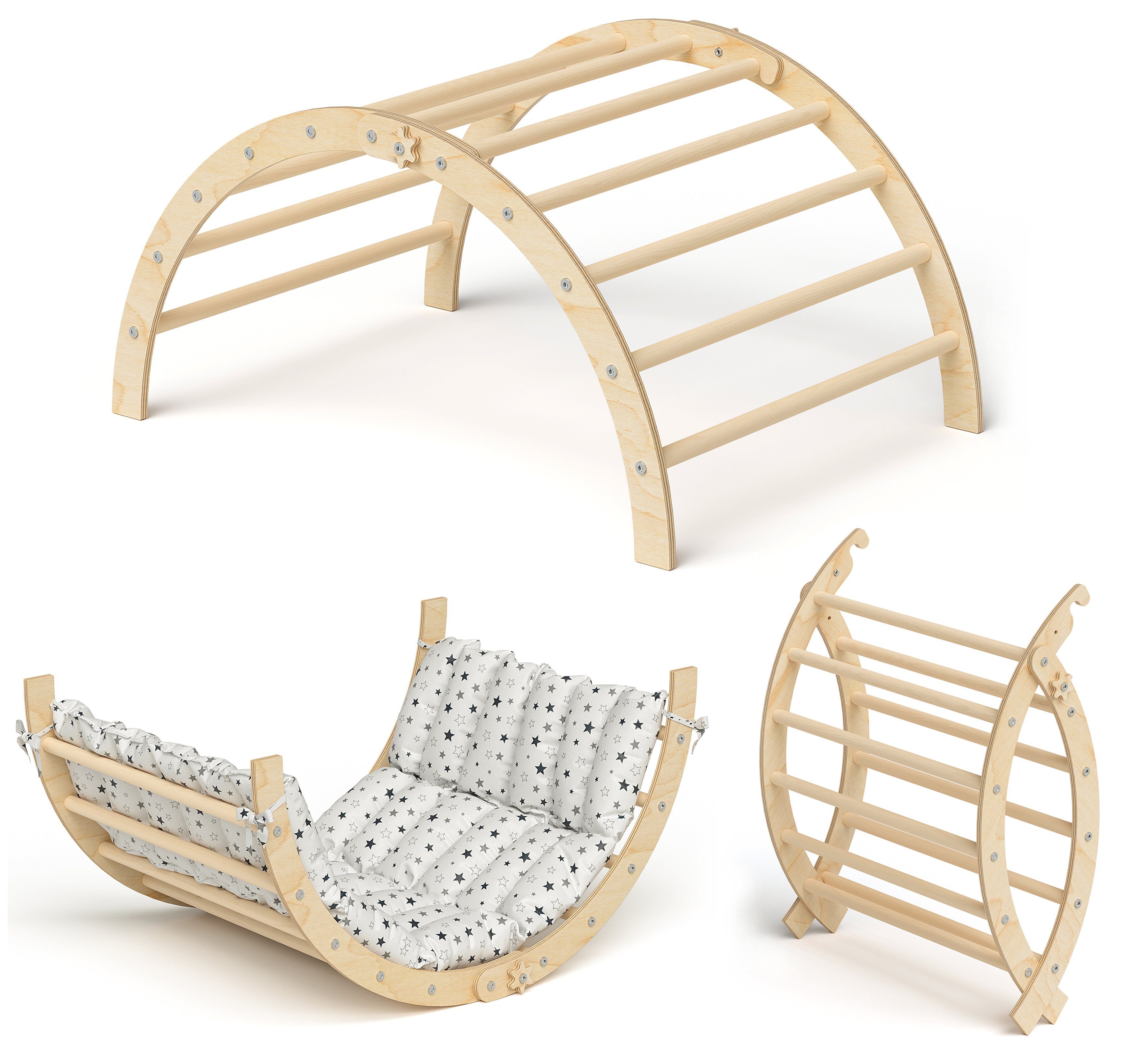 Bellabino Klettergerüst Ruki 2-in-1 Kletterbogen und Wippe, (mit Matratze "Graue Sterne", Buche Massivholz, natur lackiert), Kletterspielzeug ab 3 Jahren, zusammenklappbar, bis 50 kg