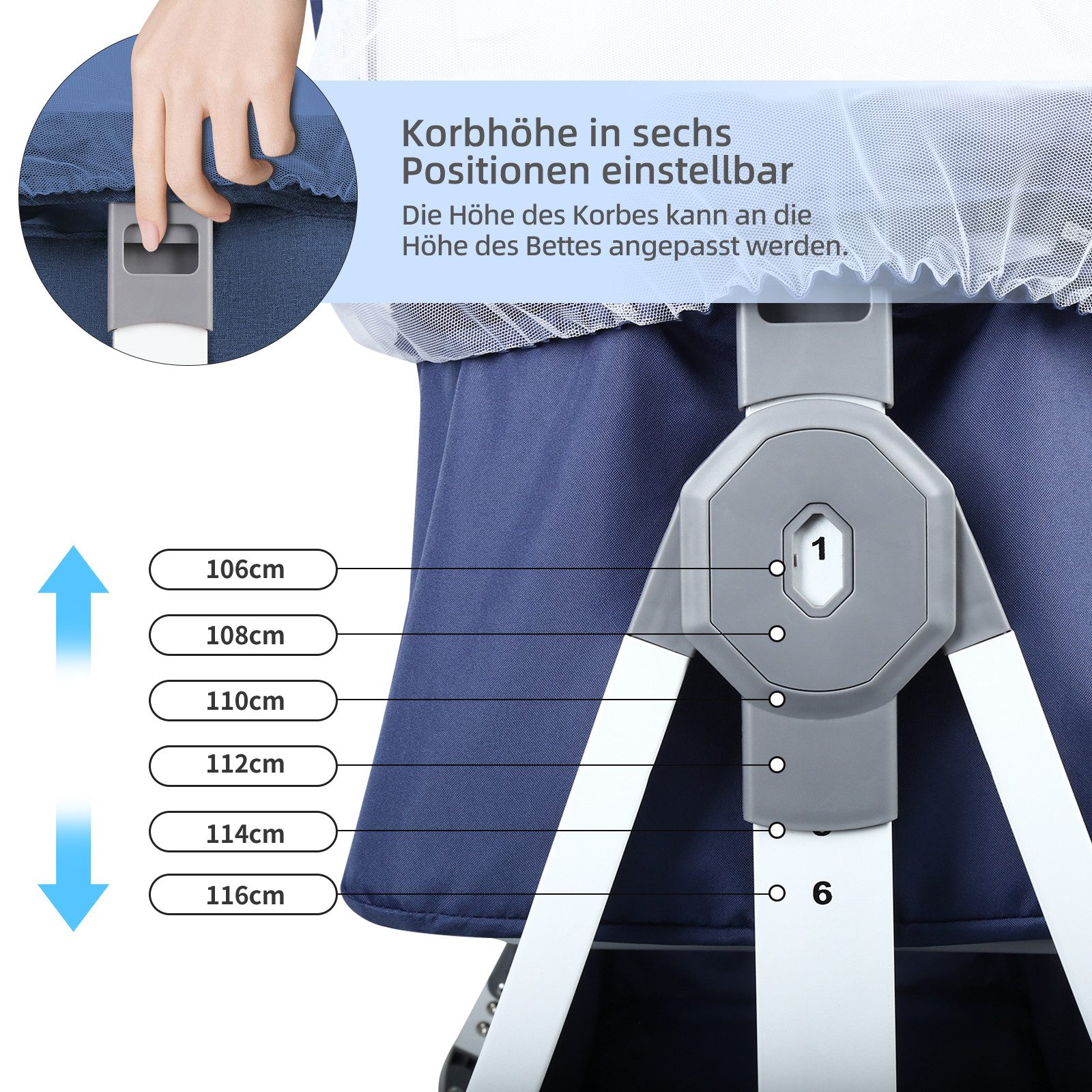 JEOBEST Beistellbett 3 in 1 Babybett, Schaukelmodus, mit atmungsaktivem Netz und Laken, mit Rollen Kinderbett, 6-Fach Höhenverstellung, Moskitonetz, Lagerung – Bild 3 von 5