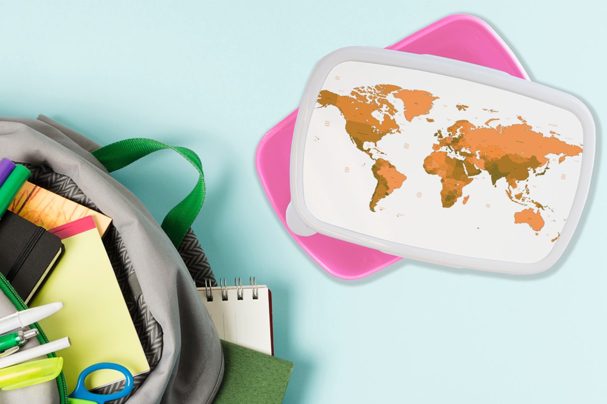 Erwachsene, Mädchen, Weltkarte Kunststoff, Lunchbox (2-tlg), Einfach, Orange MuchoWow - Kinder, - Brotbox Snackbox, Brotdose für rosa Kunststoff