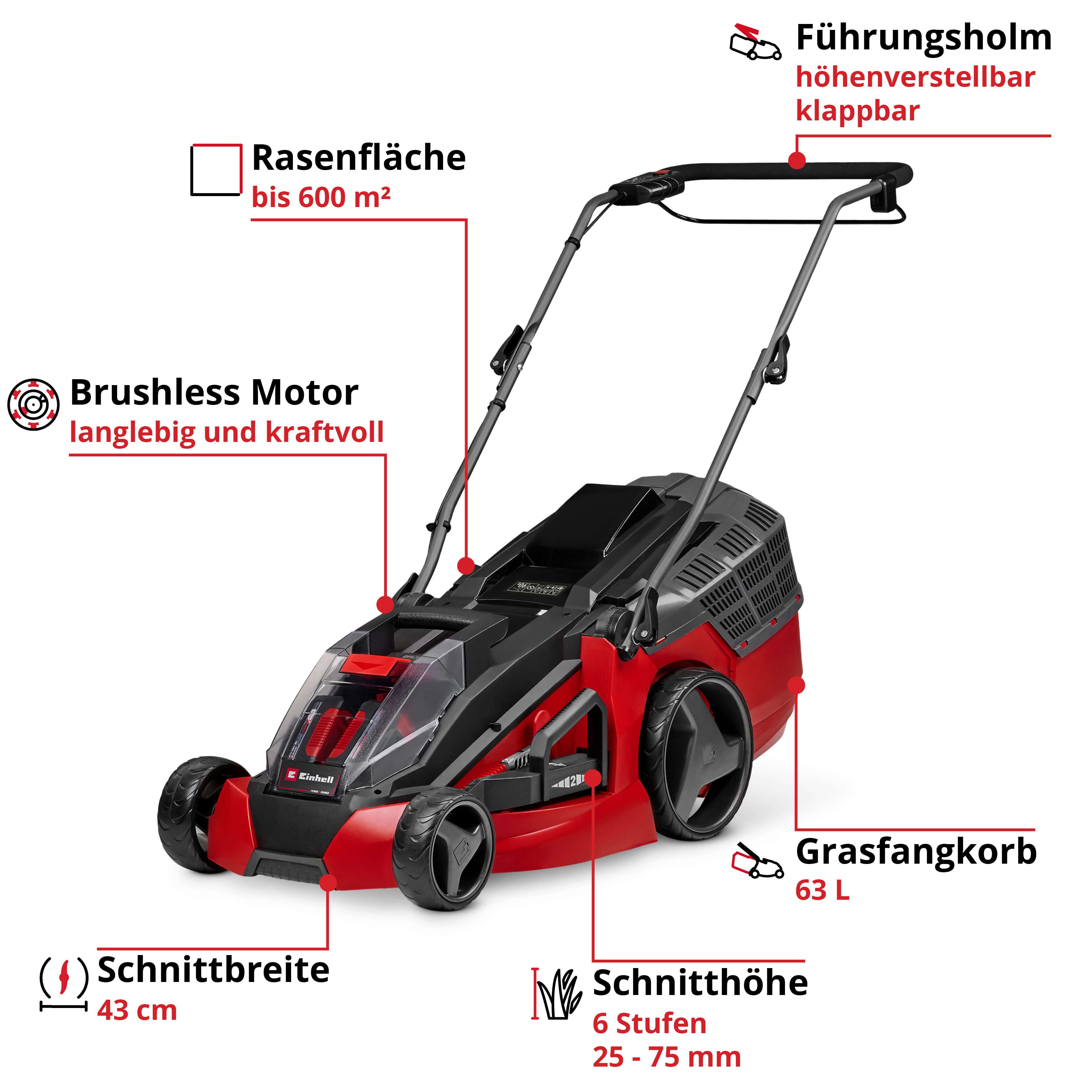 Einhell Akkurasenmäher GE-CM 43 Li M Kit (2x4,0Ah), 43 cm Schnittbreite, (Set), mit Mulchkeil, 2 Akkus 18V/4Ah und 2 Ladegeräten