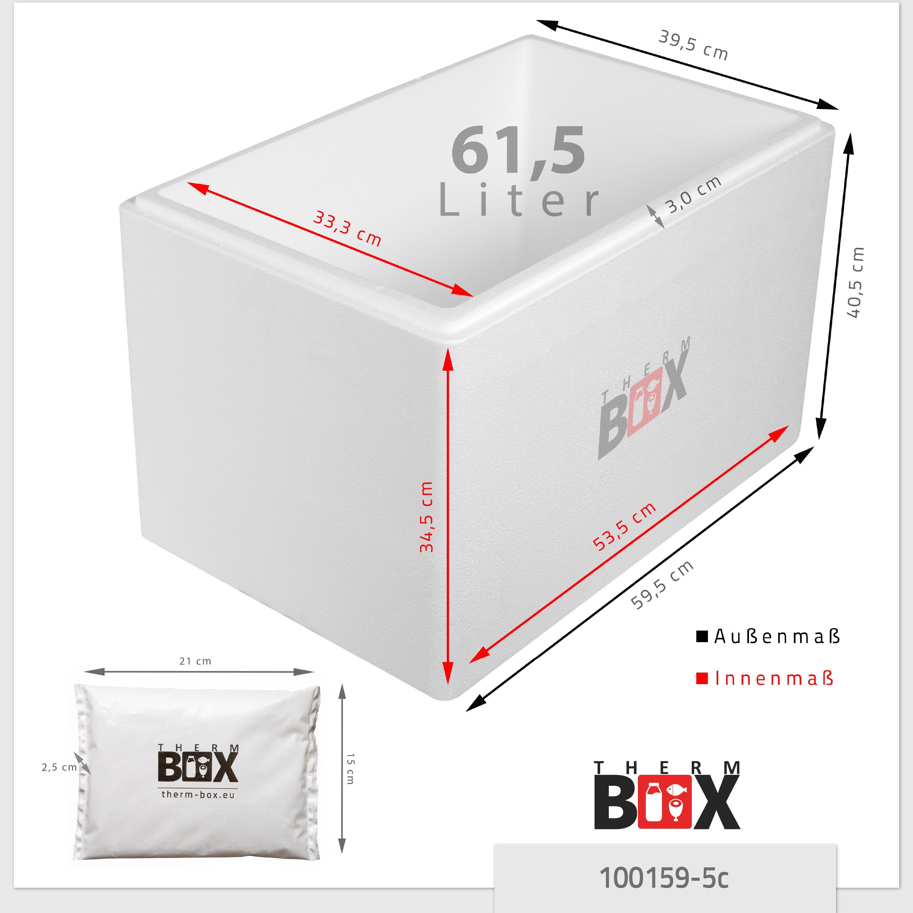 5 Kühlbox 61W Kühlkissen), Kühlakku Styropor-Verdichtet, Transportbox mit Thermobehälter 53x33x34cm (0-tlg., Kühlkissen, Styroporbox THERM-BOX Innen: Thermbox mit Thermbehälter 61,5L
