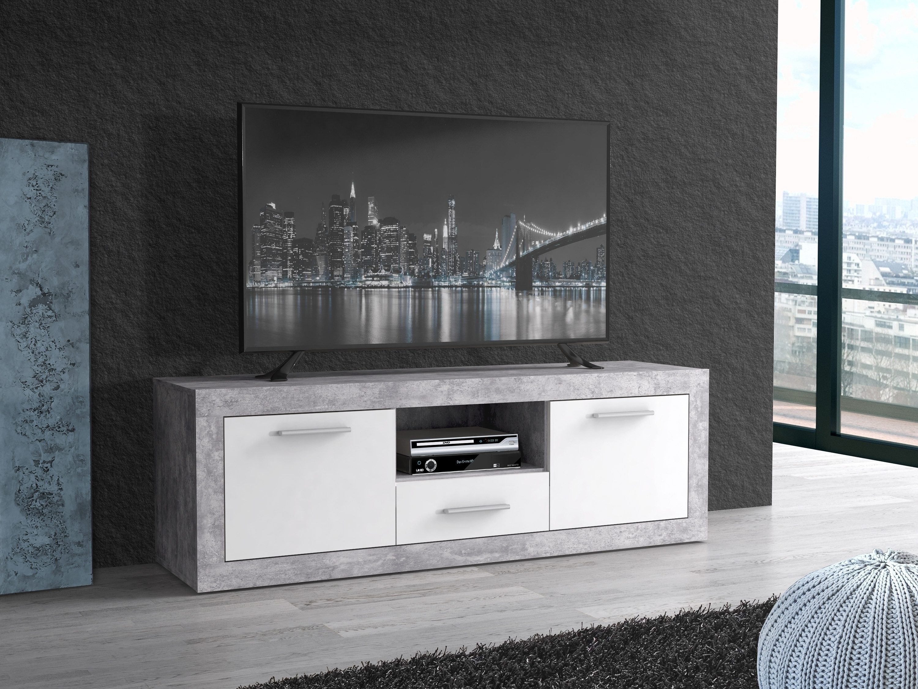 PREISBRECHER Lowboard BACCIO, 2 Türen, 1 Schub, Betonoptik Lichtgrau / Weiß günstig online kaufen