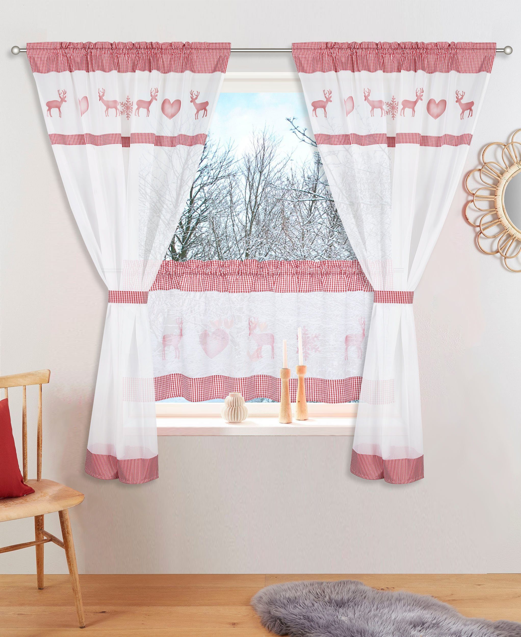 (1 Gardine red St), Stangendurchzug Raffhalter halbtransparent, Elk, Gardine my die home, Weihnachtliche Inkl.