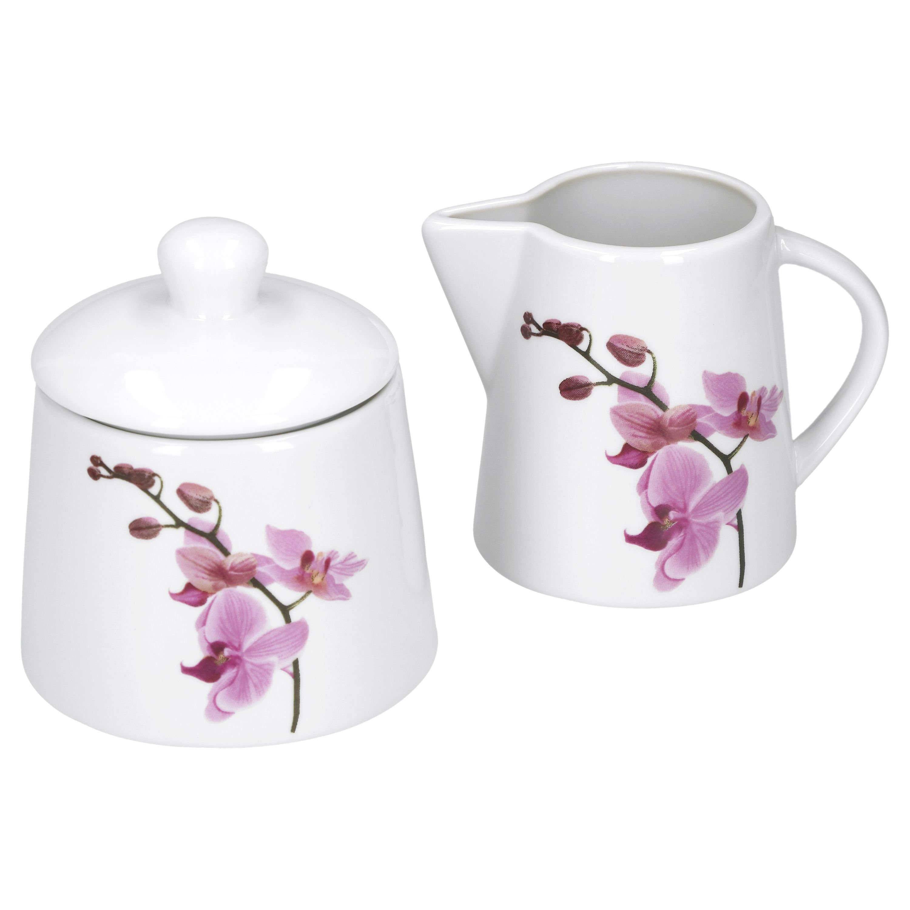van Well Milch- und Zuckerset Kaffeeergänzungsset Milchkännchen & Zuckerdose Kyoto Orchidee, Porzellan