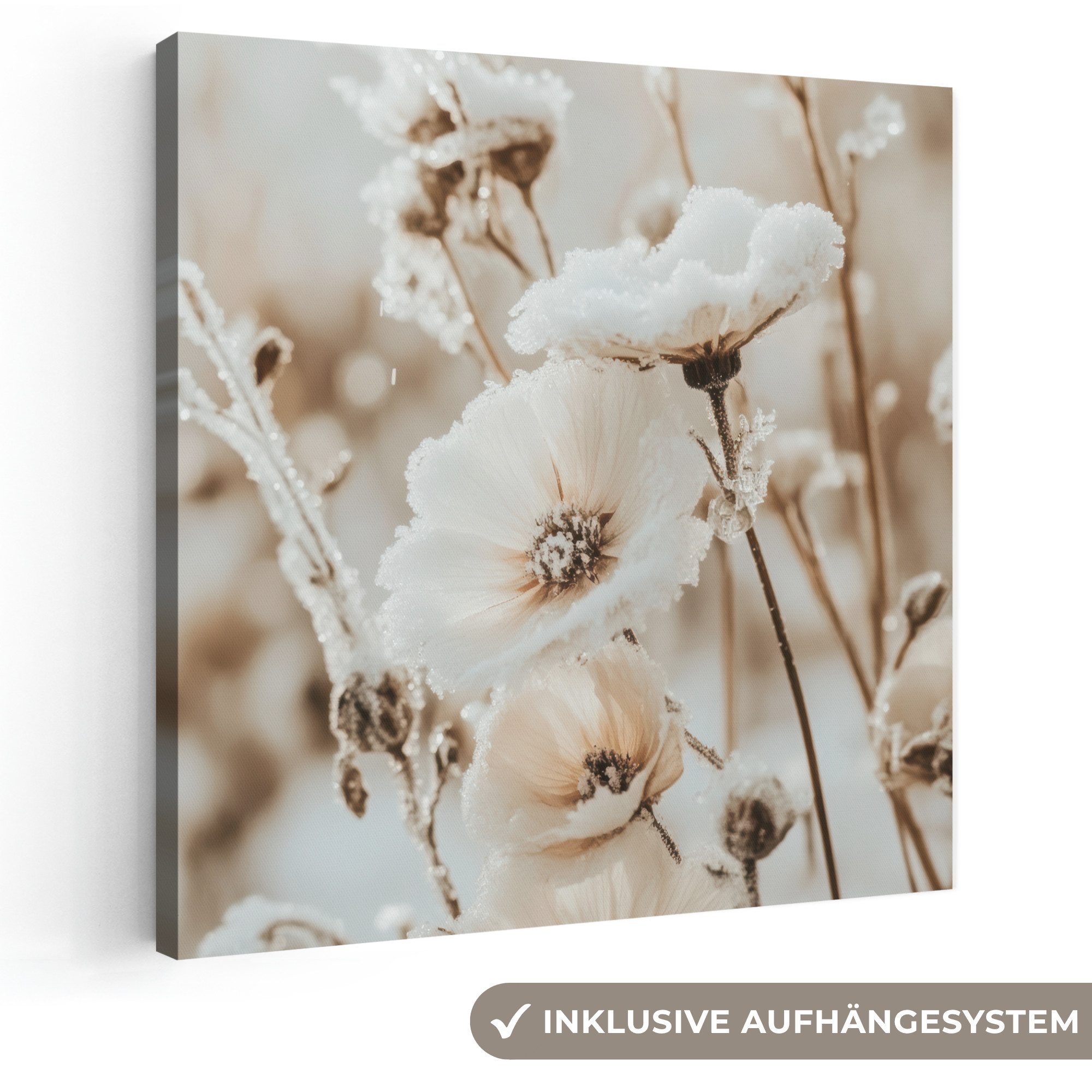 OneMillionCanvasses® Leinwandbild Blumen - Winter - Weiß - Schnee - Beige, Fotodruck (1 St), Wandbild, Deko Schlafzimmer Wohnzimmer Flur 20x20 cm